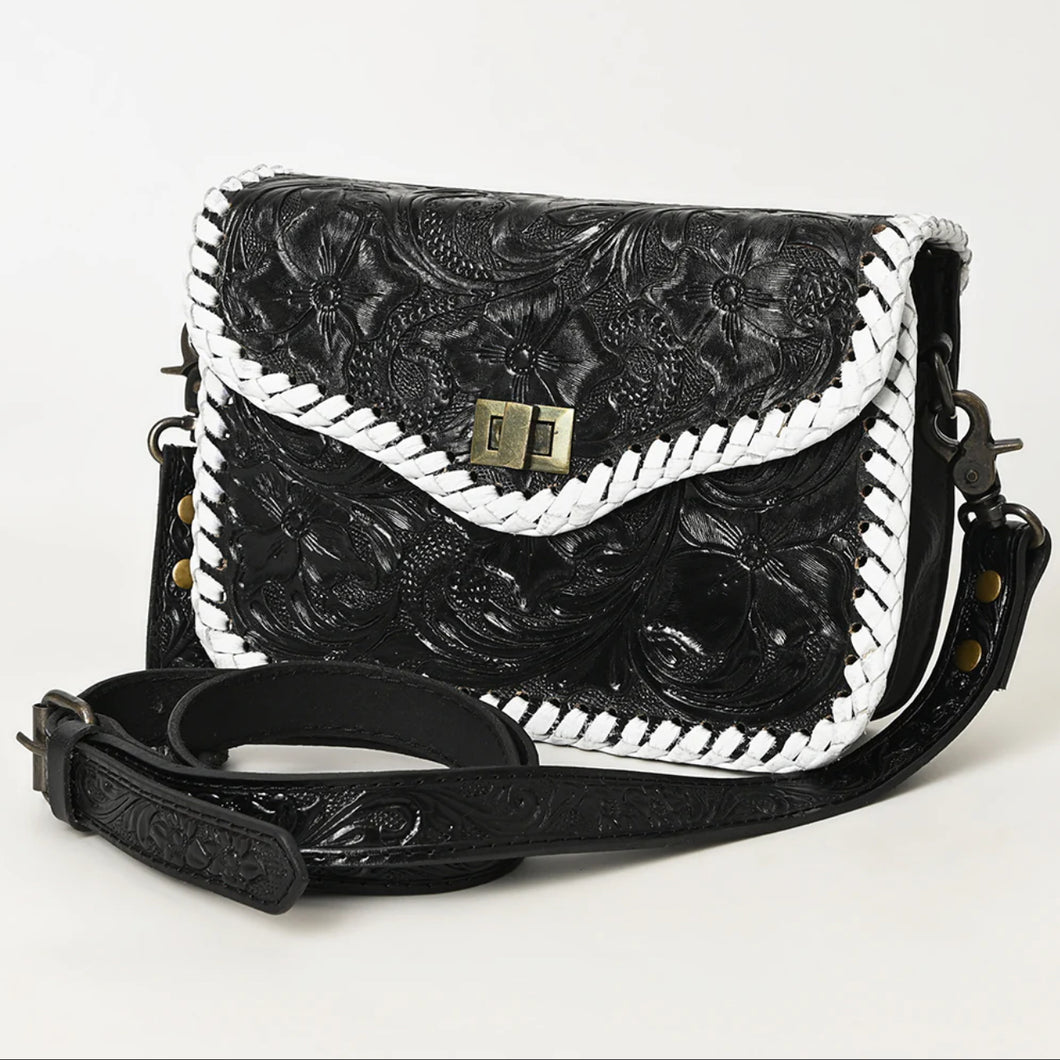 Black Tooled Leather Stitched Handbag