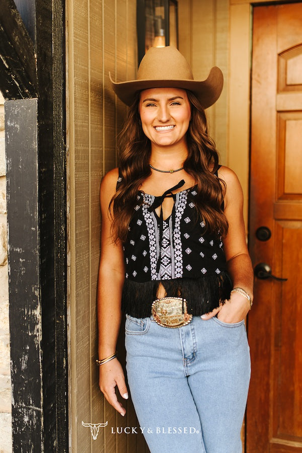 Black Southwest Fringe Top