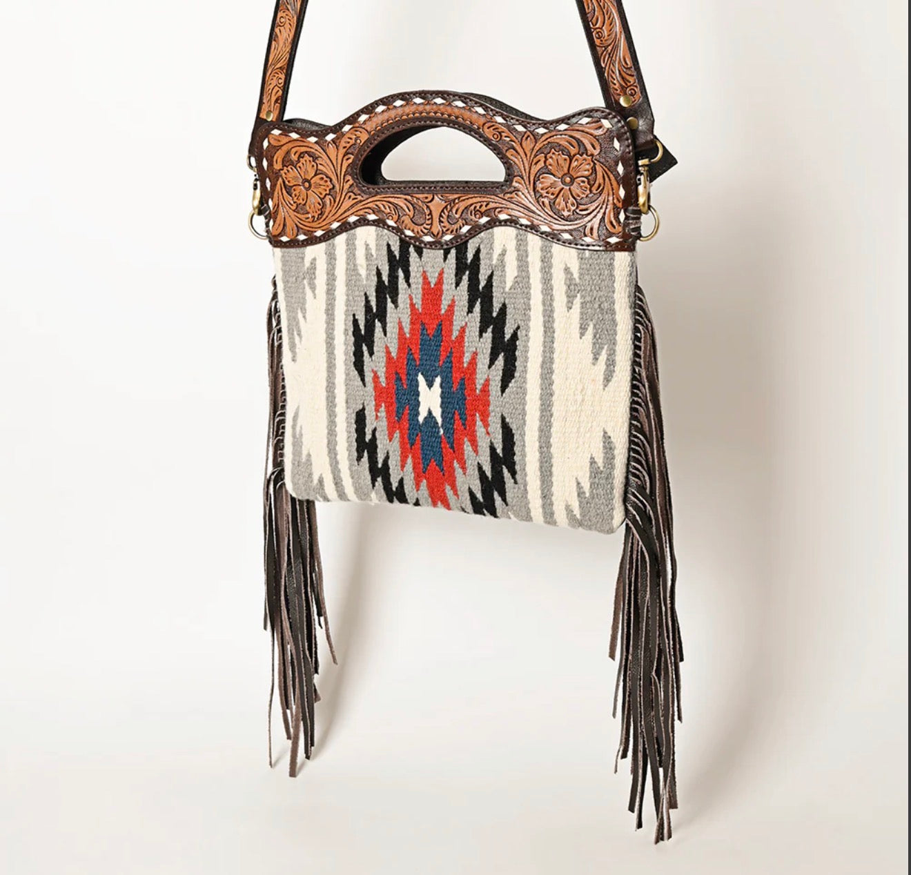 Hand Tooled Grey Fringe Crossbody