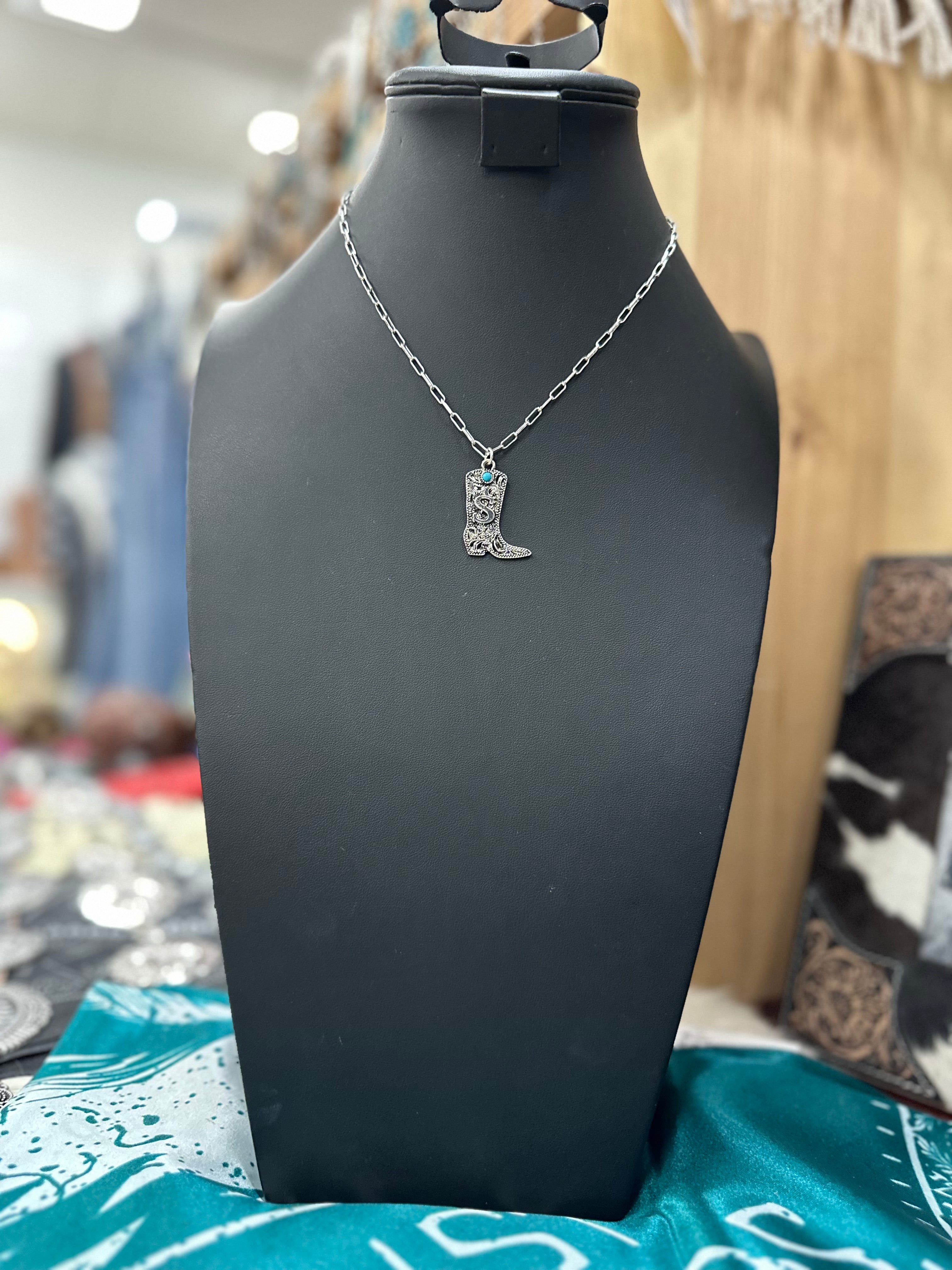 Turquoise Boot Scroll Letter Necklace