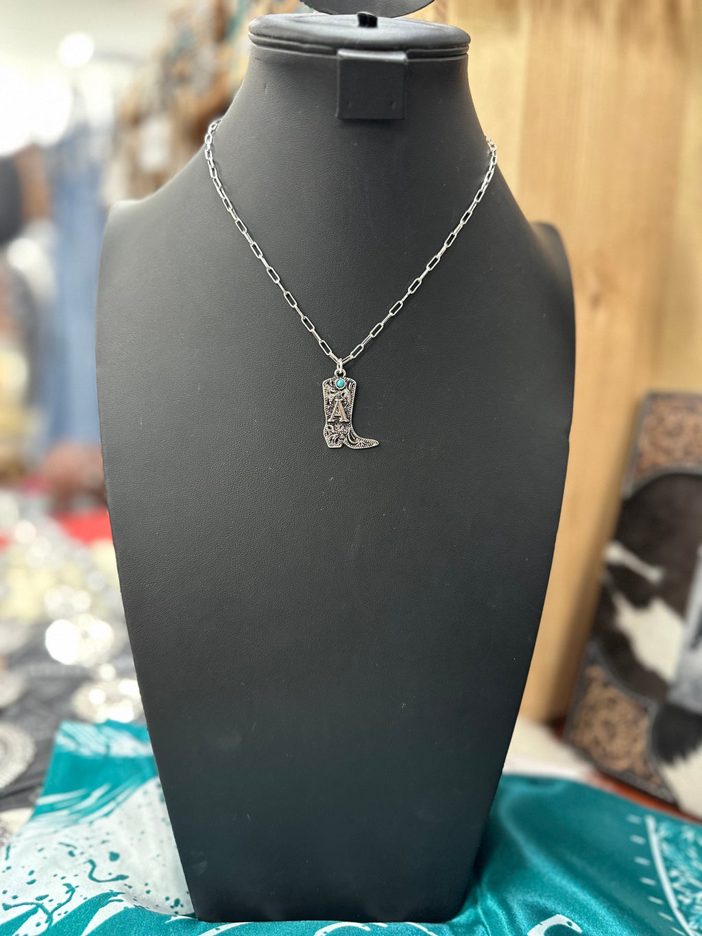 Turquoise Boot Scroll Letter Necklace