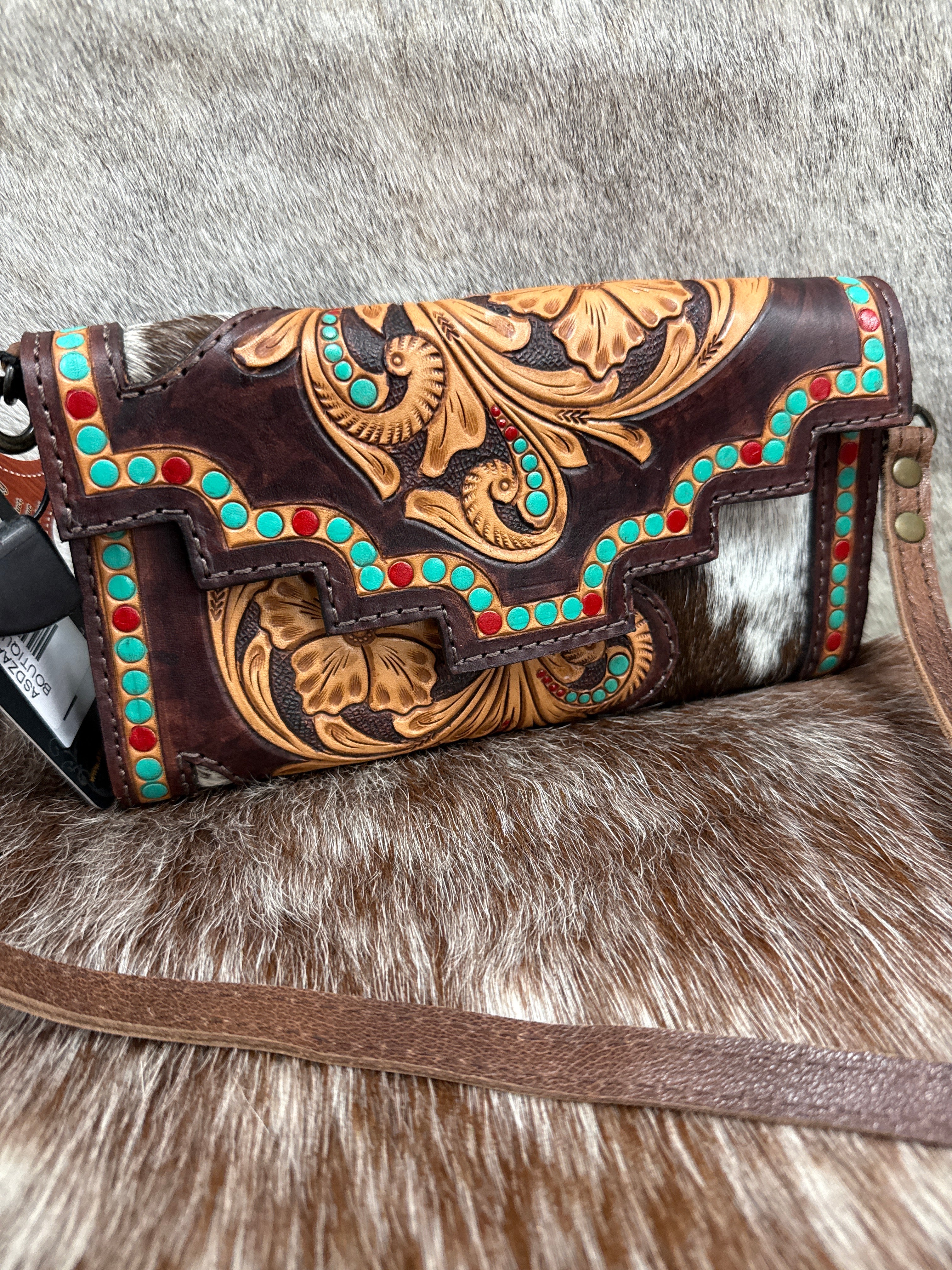 Hand Tooled Cowhide Wallet Crossbody