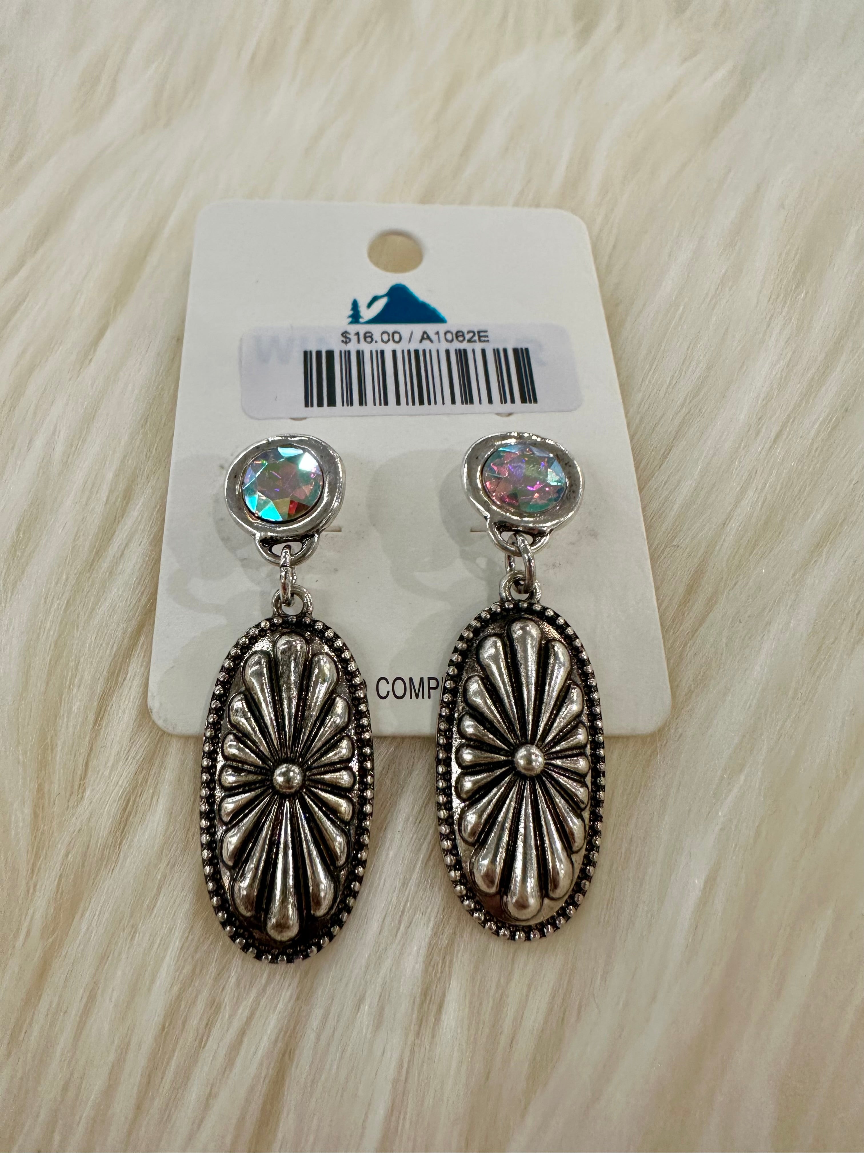 Silver Stamped Concho Crystal Post Earrings