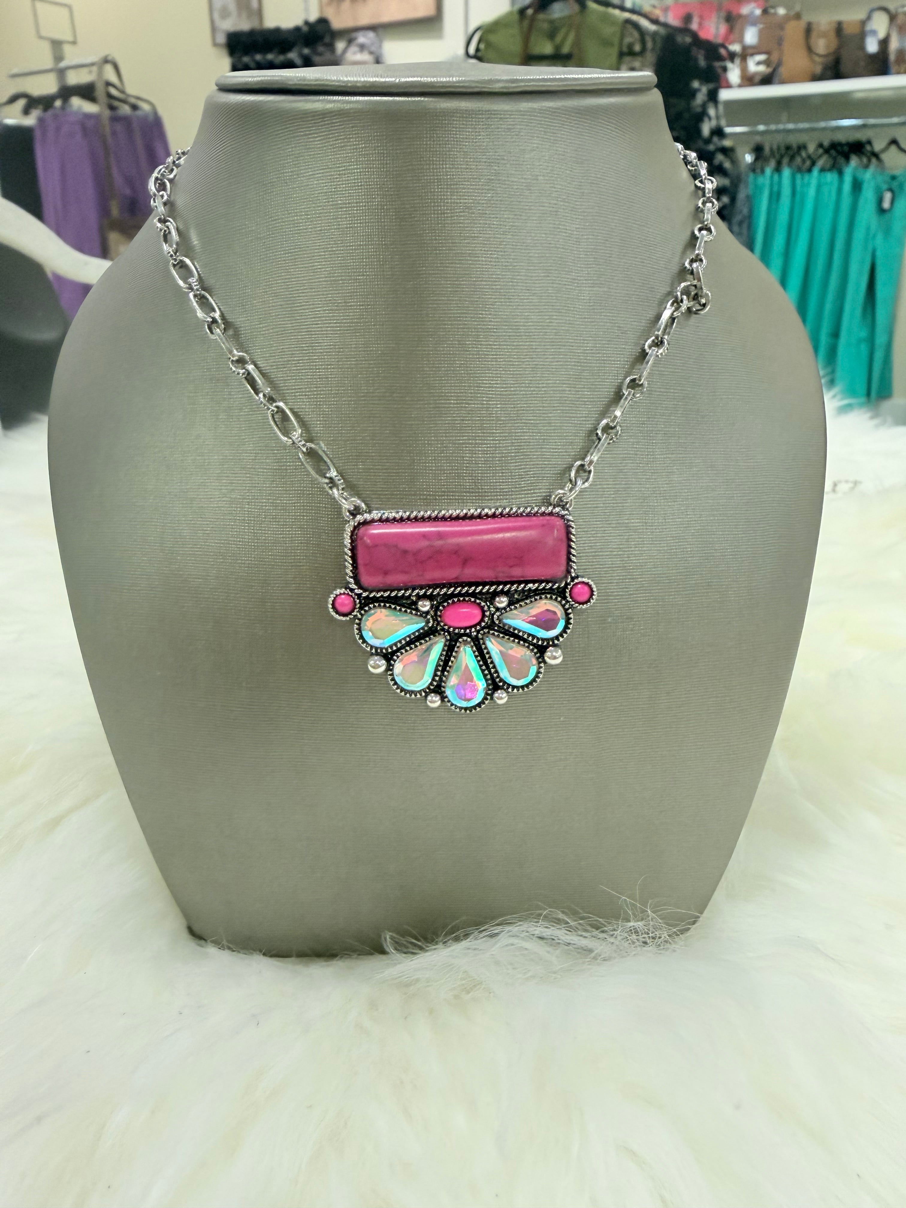 Pink Stone Bar Crystal Cluster Necklace