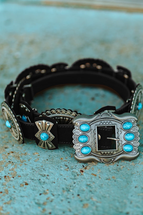 Black Suede Leather Ribbon Concho Belt