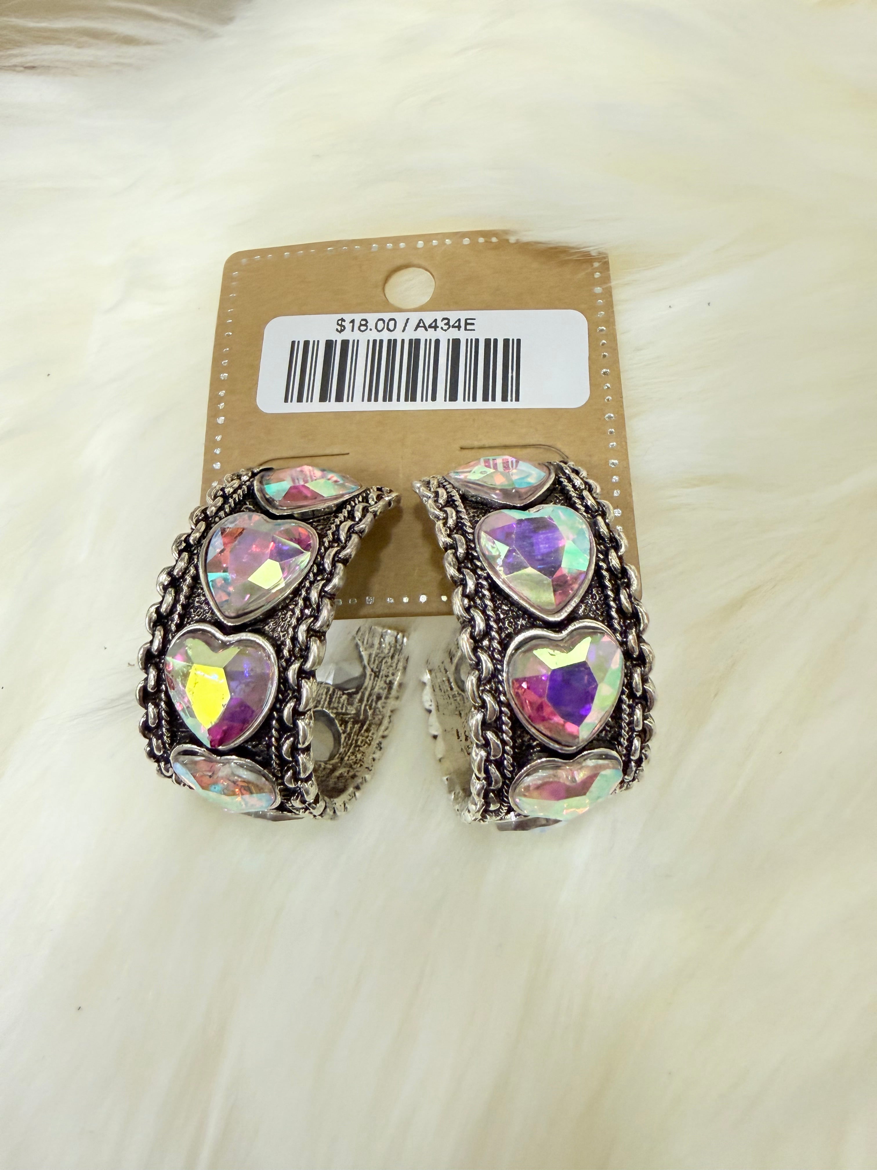 Crystal Heart Stack Hoop Post Earrings