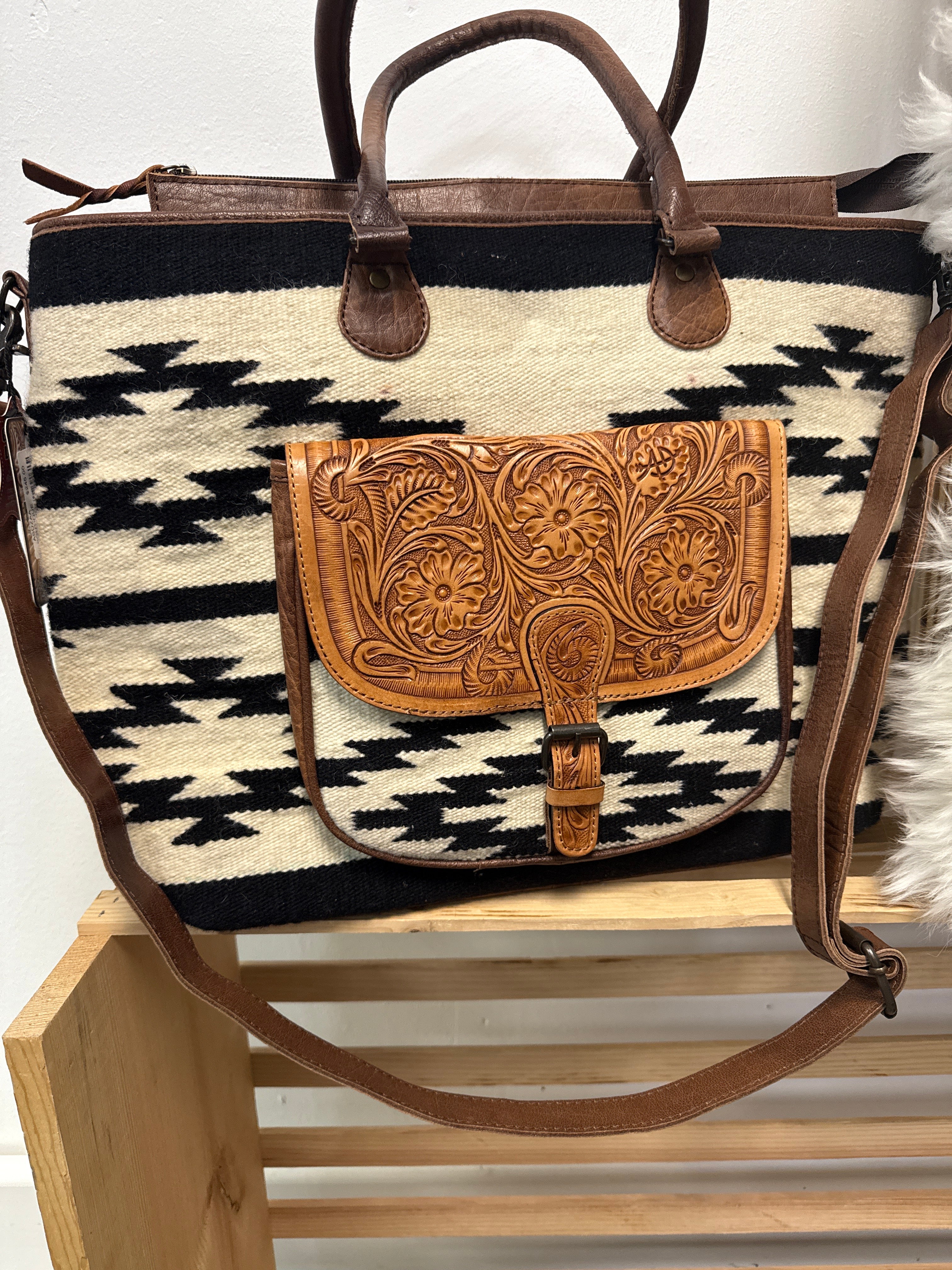 White Southwestern Tooled Tote Bag