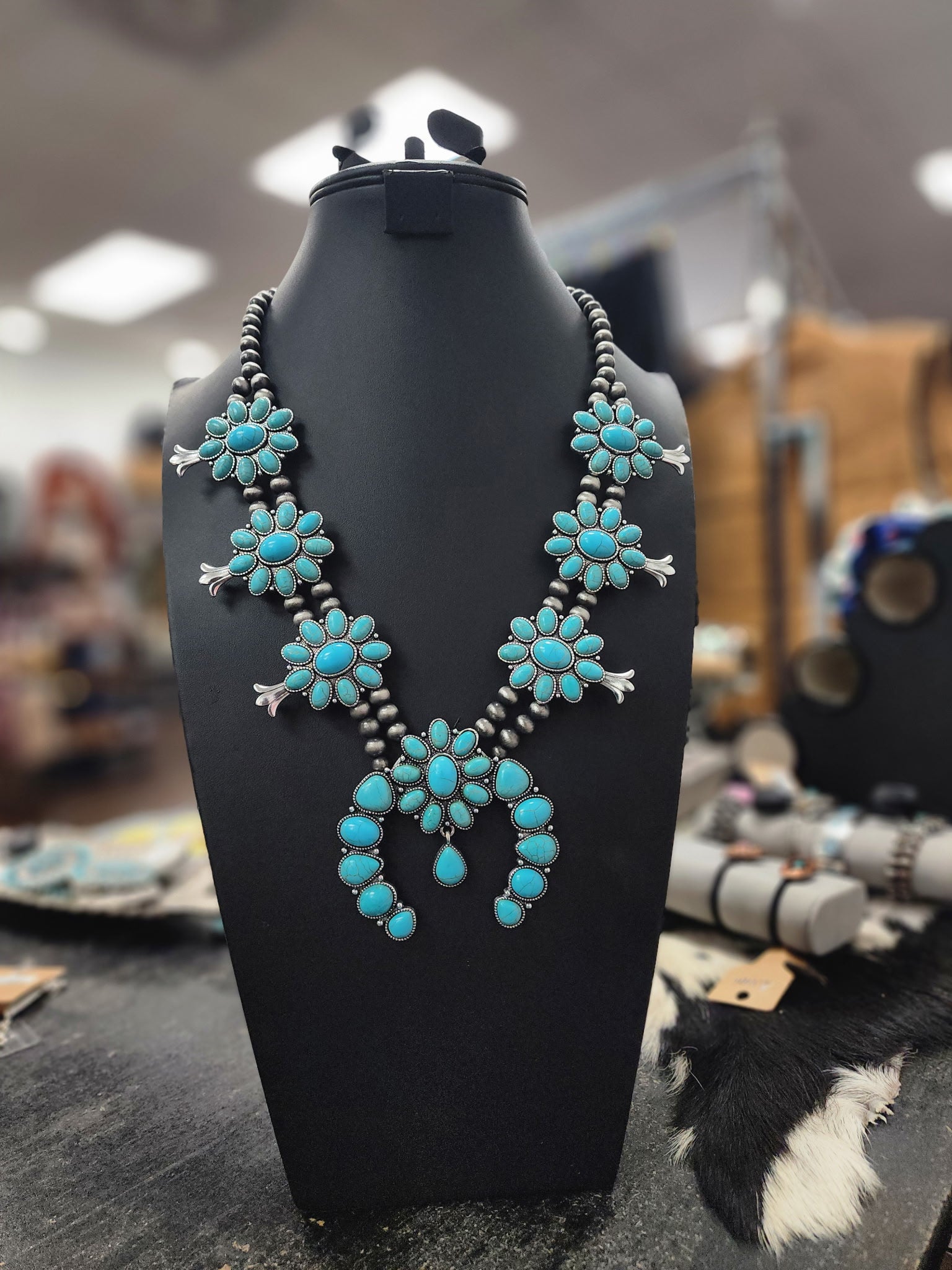 Turquoise Cluster Pearl Squash Blossom Necklace and Earrings Set