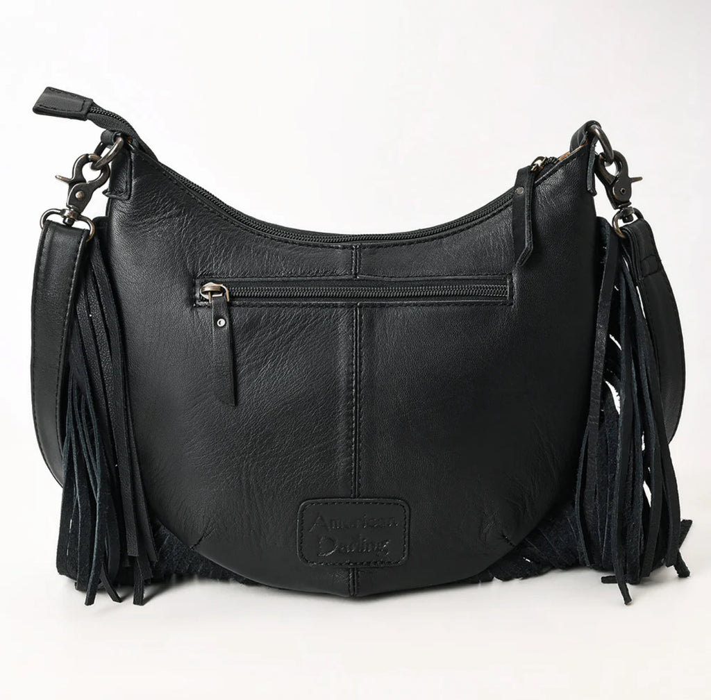 Black Quilt Tooled Fringe Crossbody