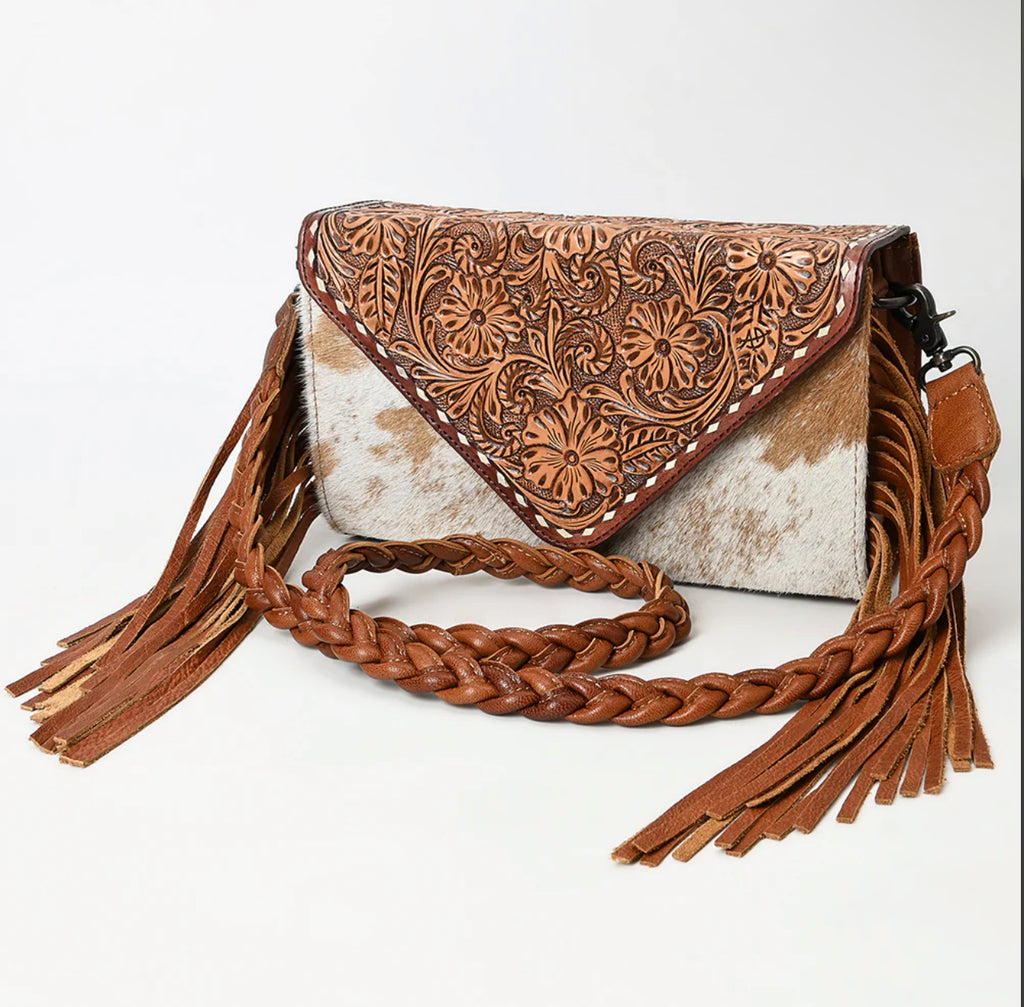 Brown Tooled Leather Cowhide Fringe Crossbody Purse