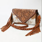 Brown Tooled Leather Cowhide Fringe Crossbody Purse