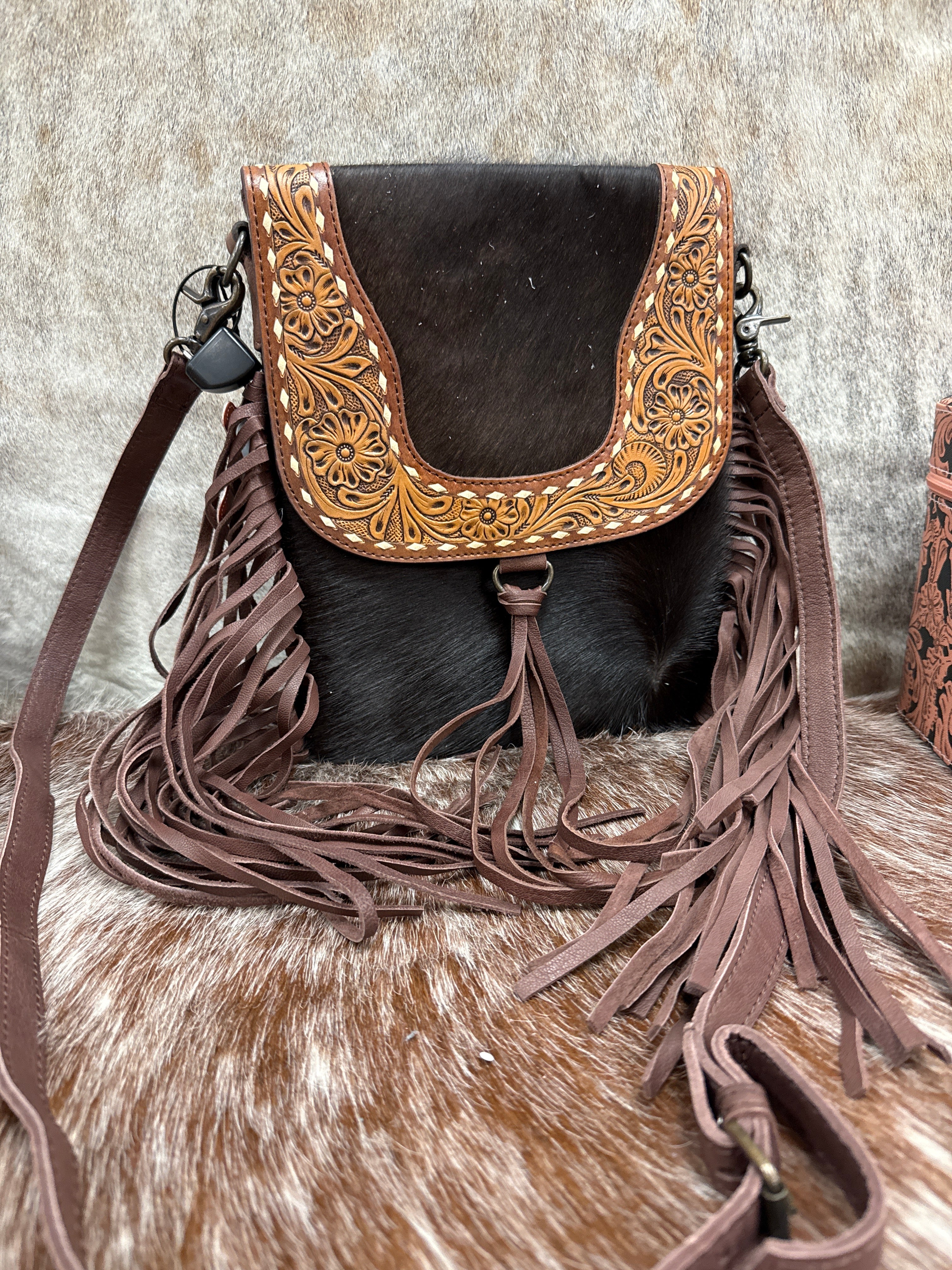 Tooled Leather Cowhide Fringe Crossbody