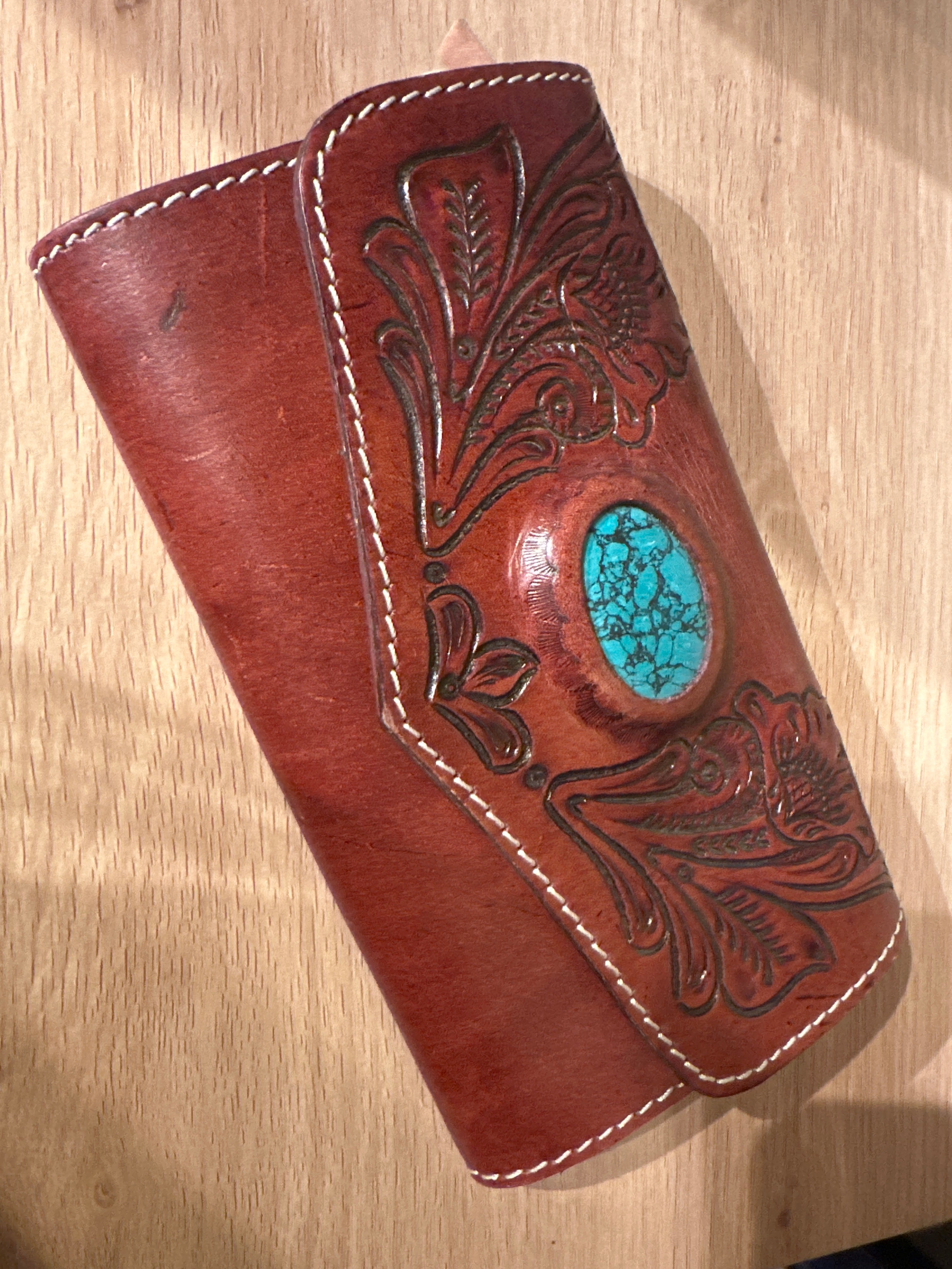 Hand Tooled Turquoise Stone Wallet