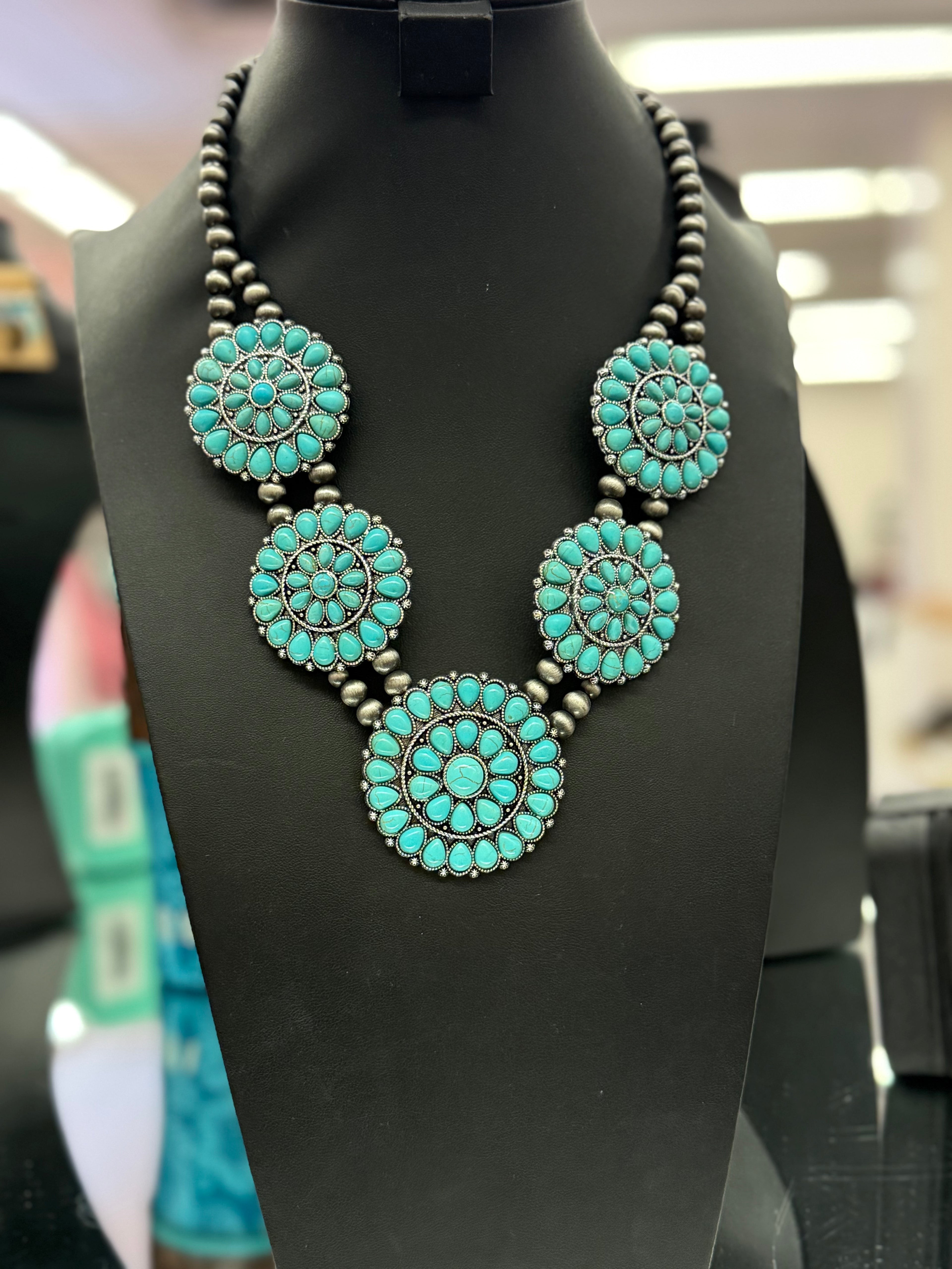 Turquoise Round Cluster Necklace and Earrings Set