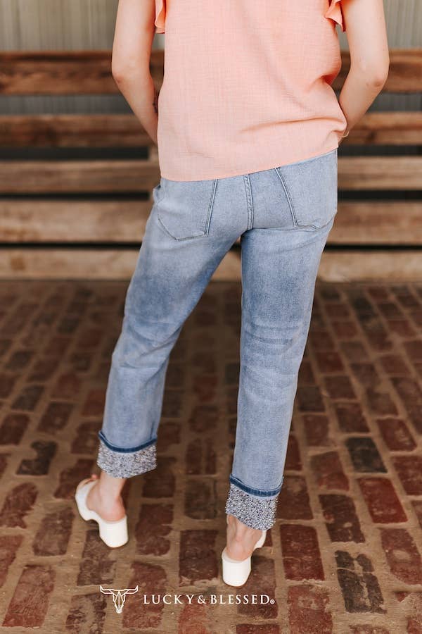 Light Wash Rhinestone Cuffed Jeans