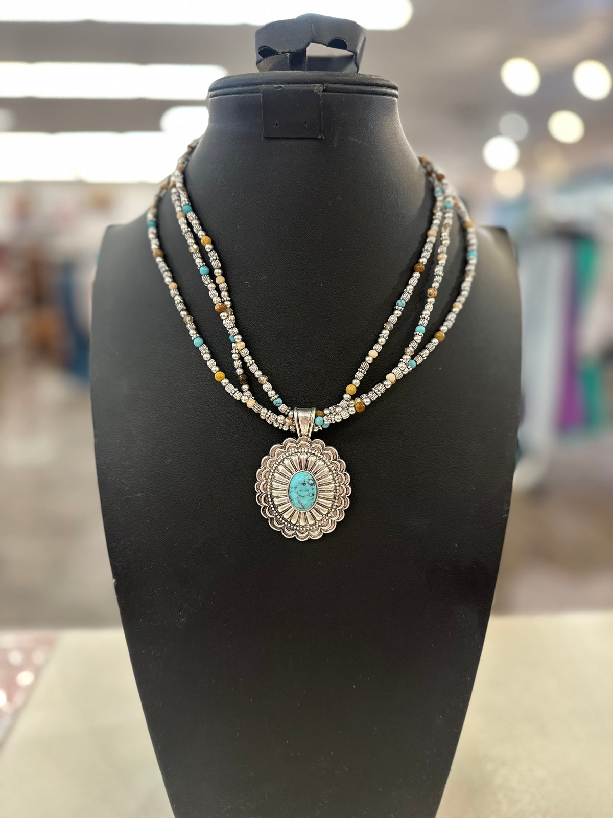 Turquoise Concho Pendant Multi-Colored Necklace
