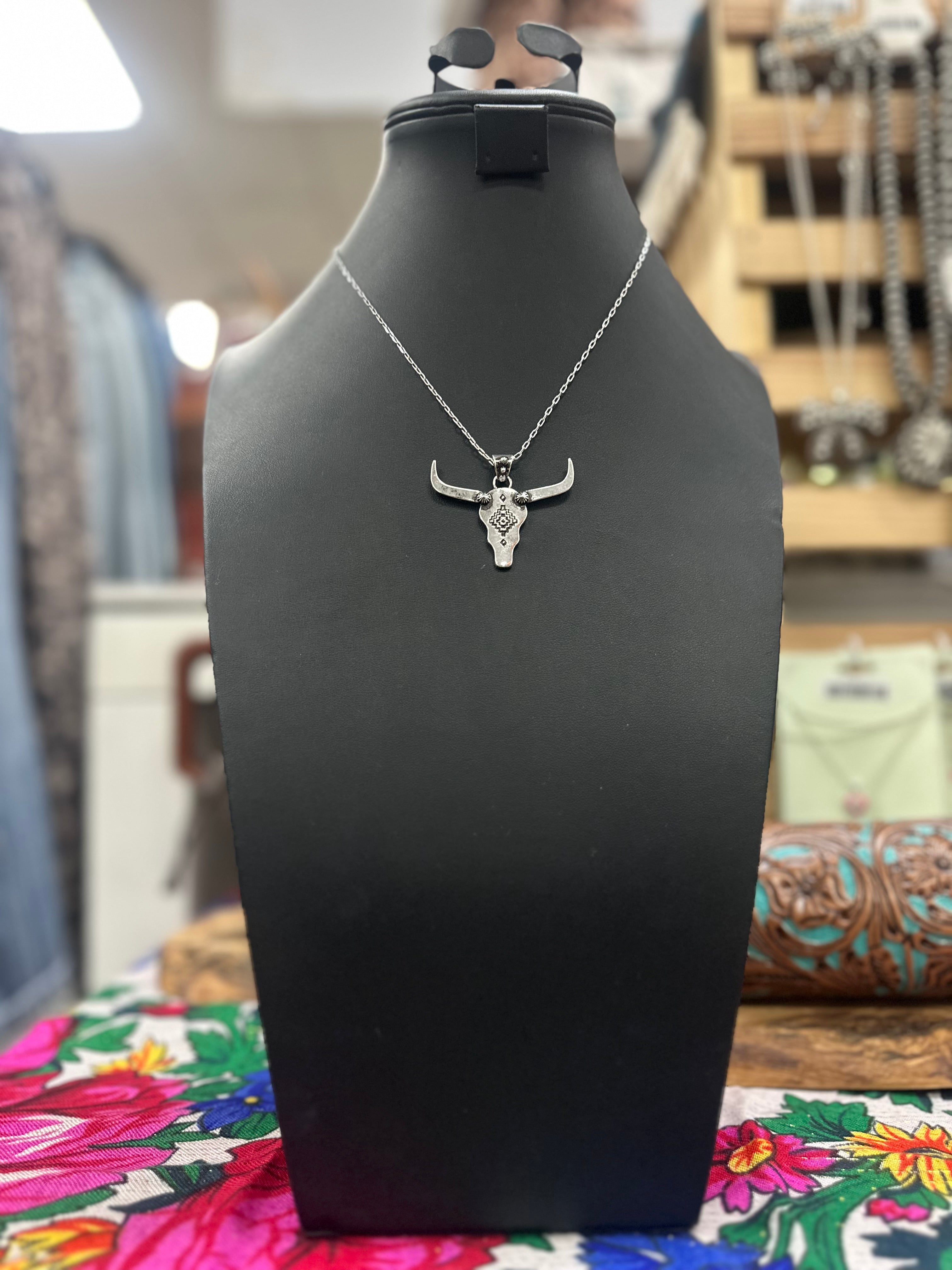 Silver Aztec Steer Pendant Necklace