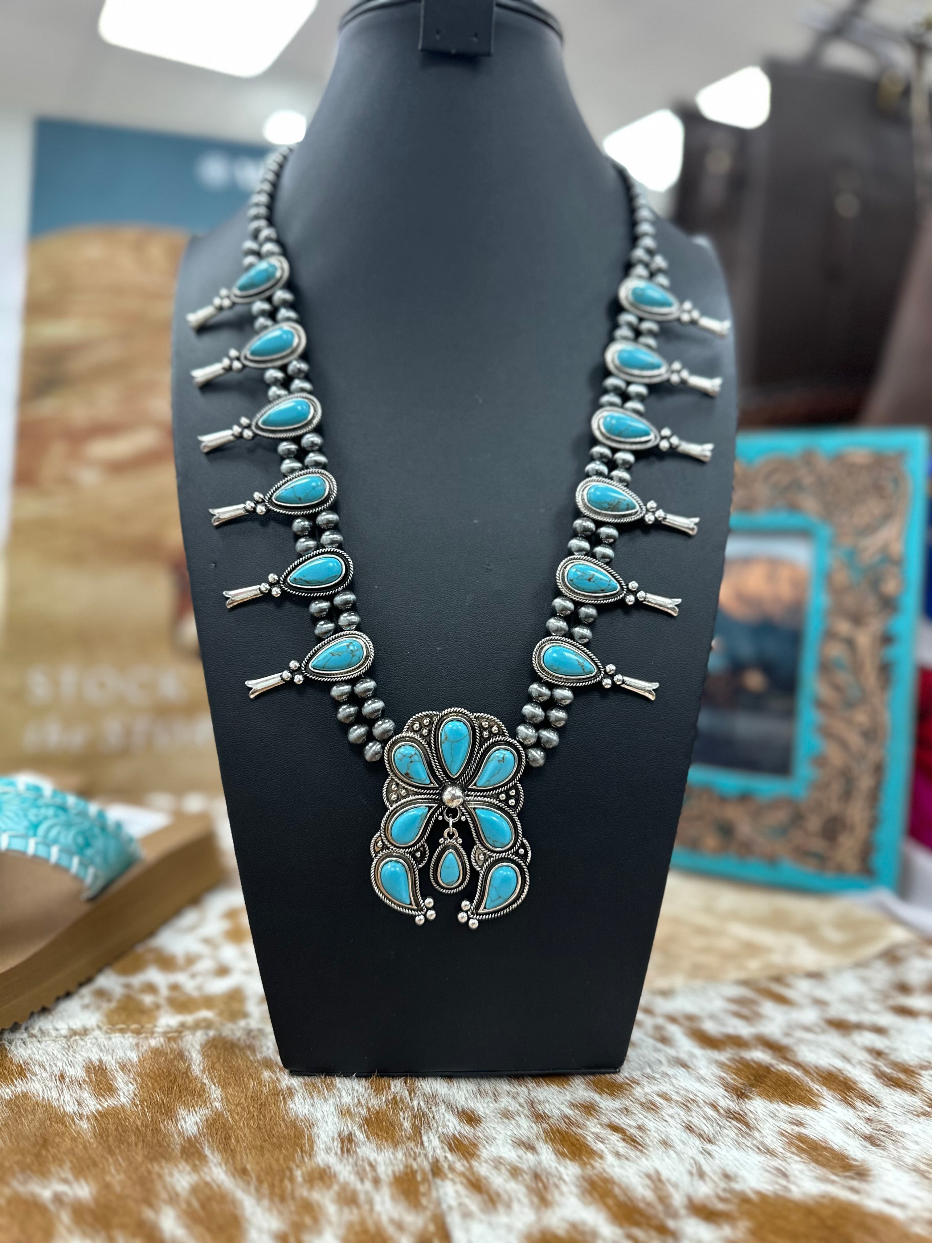 Turquoise Cluster Squash Necklace and Earrings Set