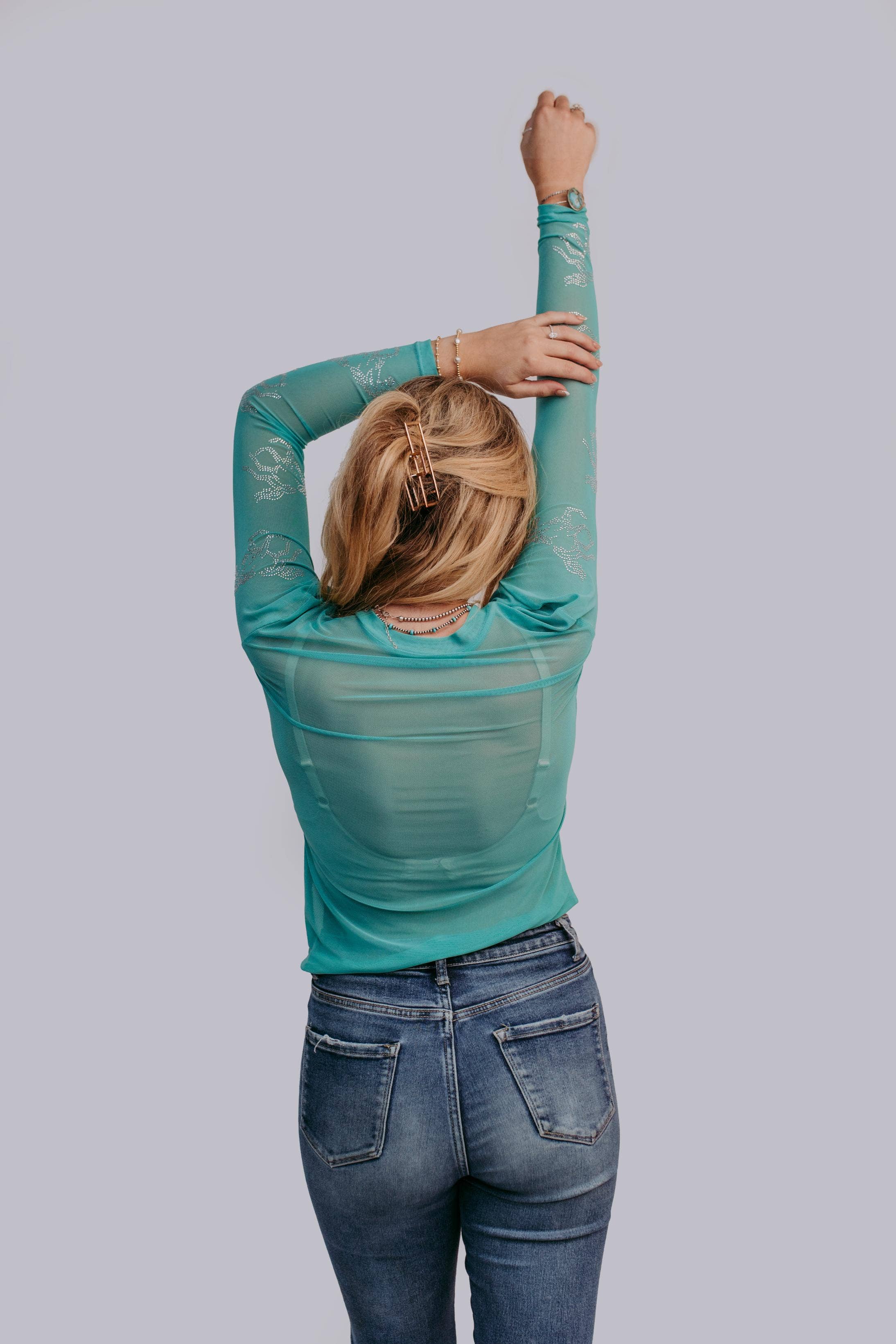 Turquoise Rhinestone Horse Mesh Top