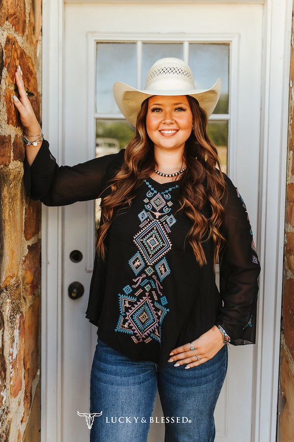 Black Embroidered Mesh Top