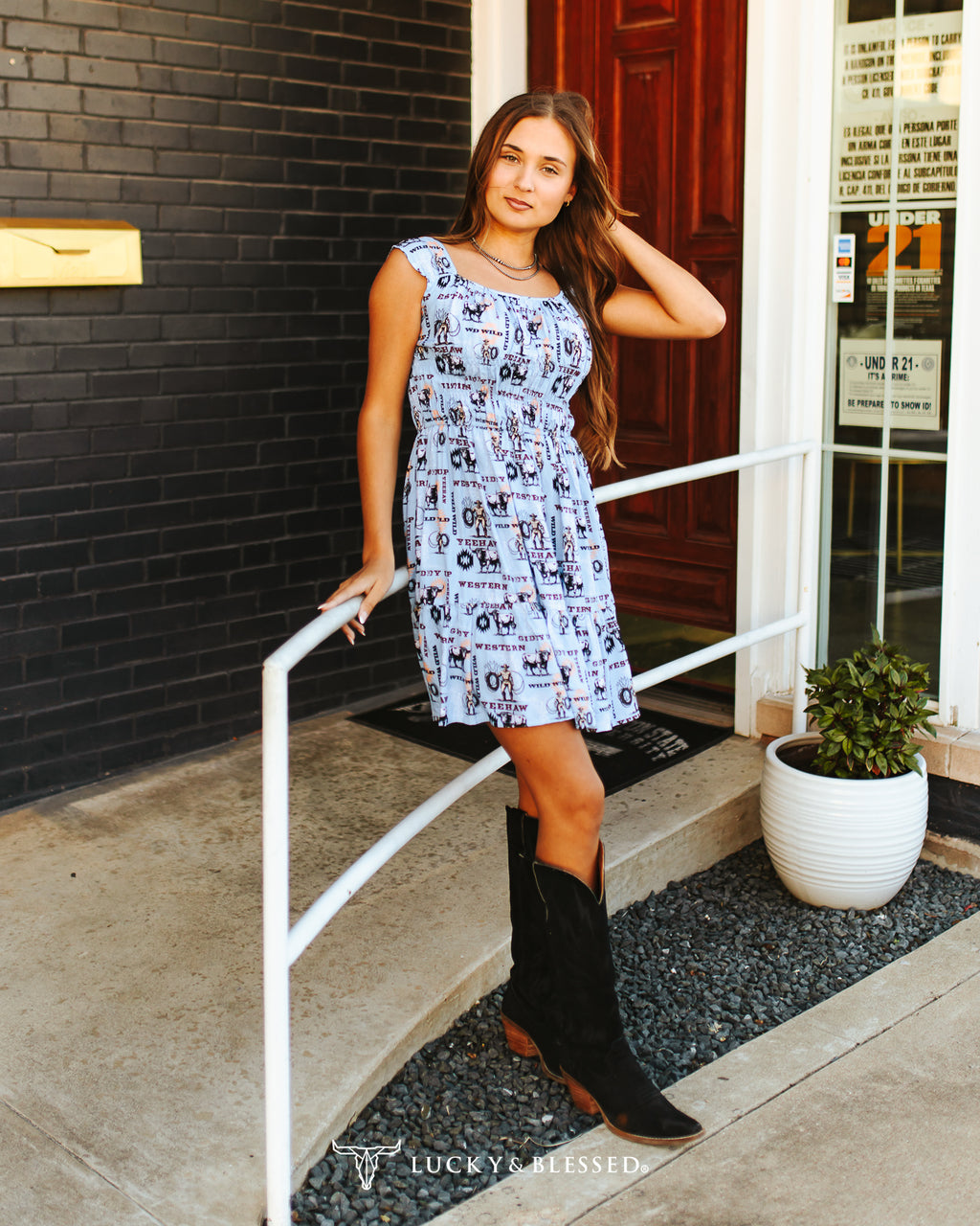 Navy Western Print Flutter Dress