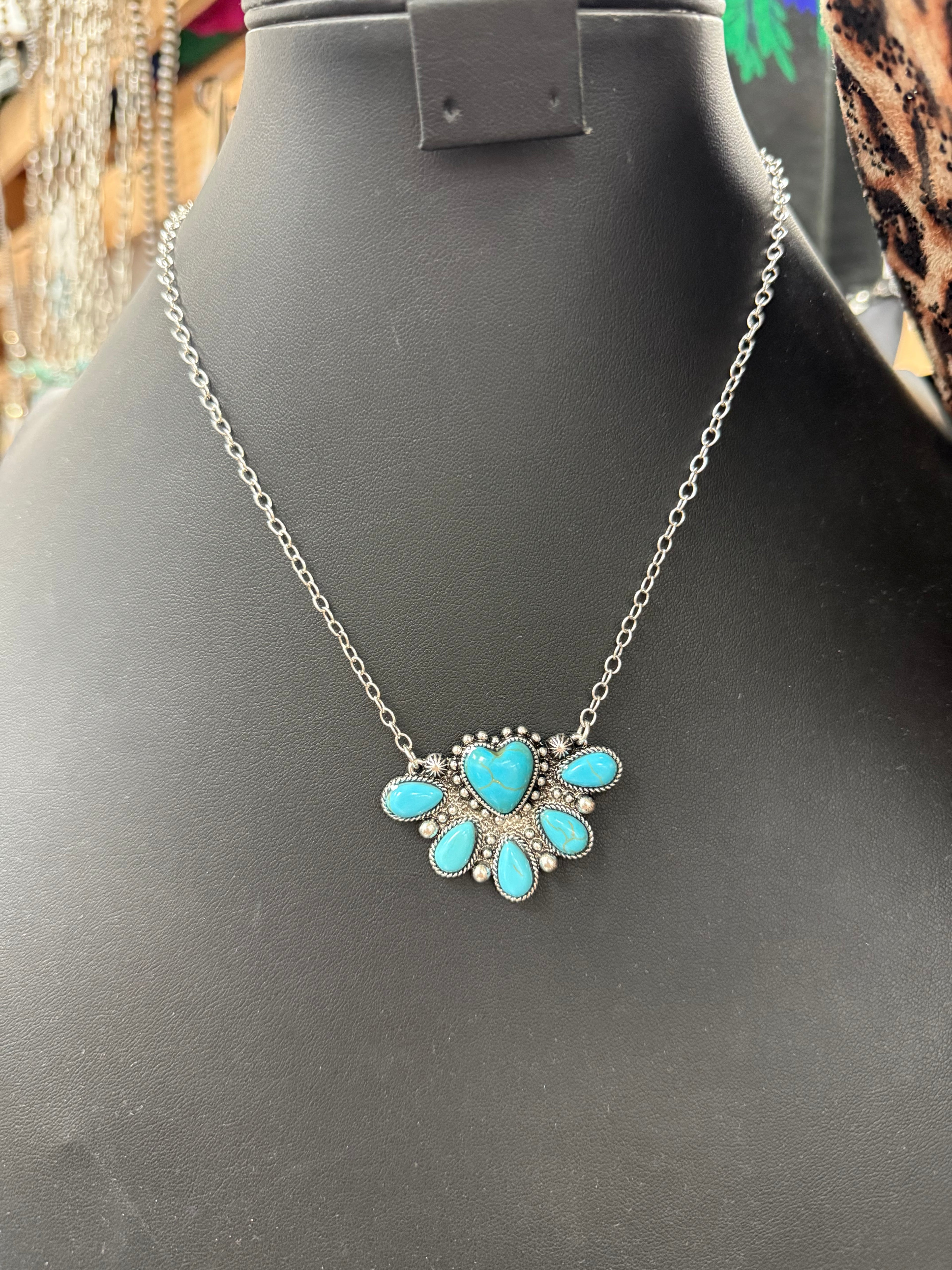 Turquoise Heart Half Cluster Pendant Necklace