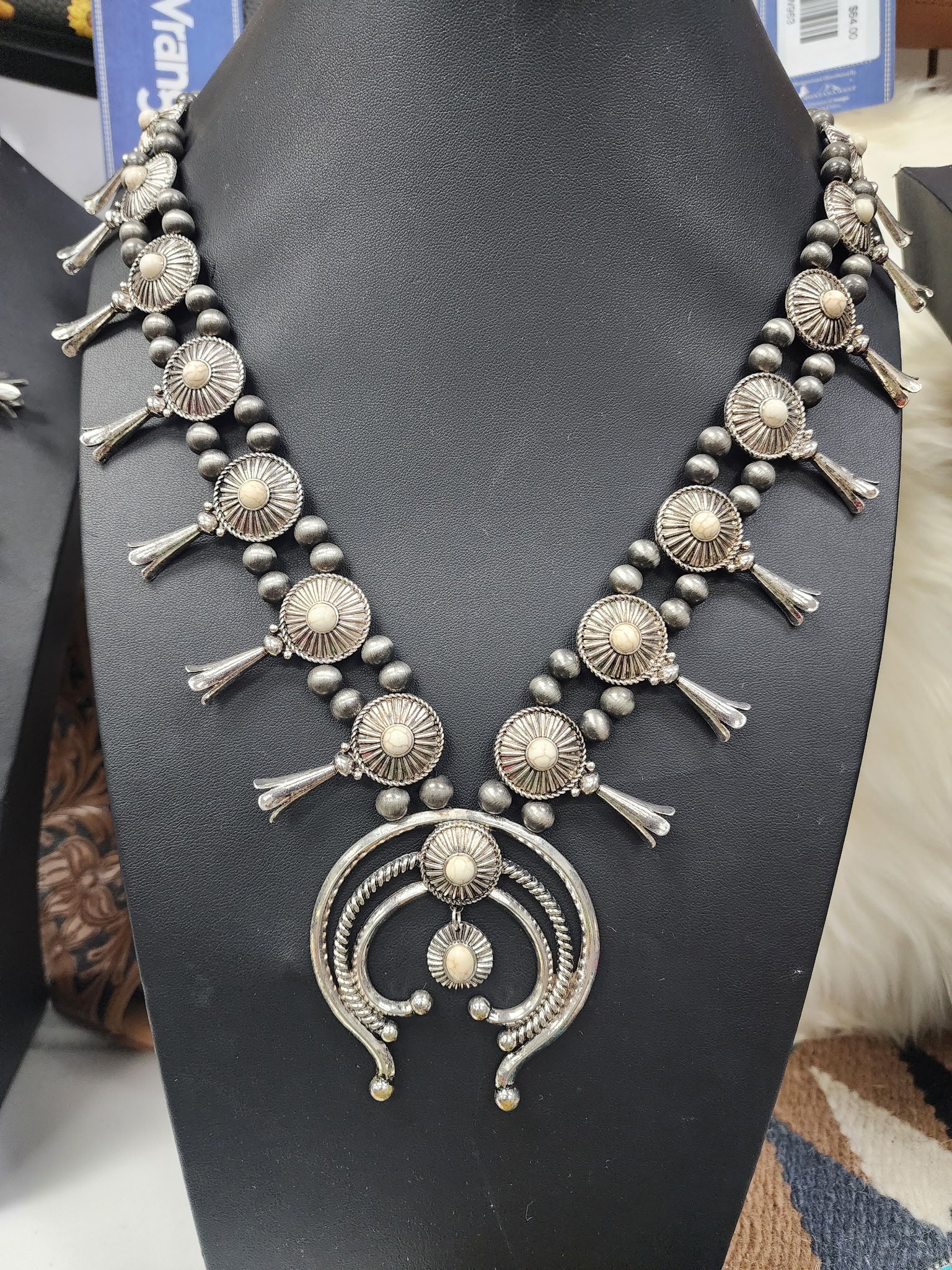 White Stone Concho Squash Blossom Necklace
