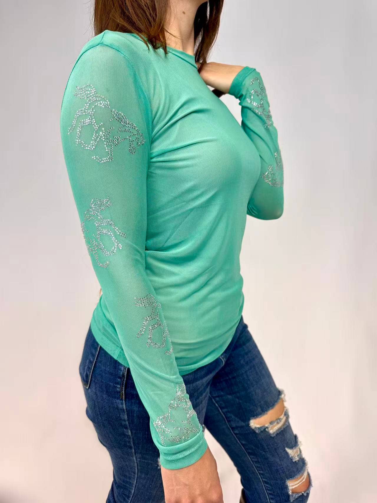 Turquoise Rhinestone Horse Mesh Top