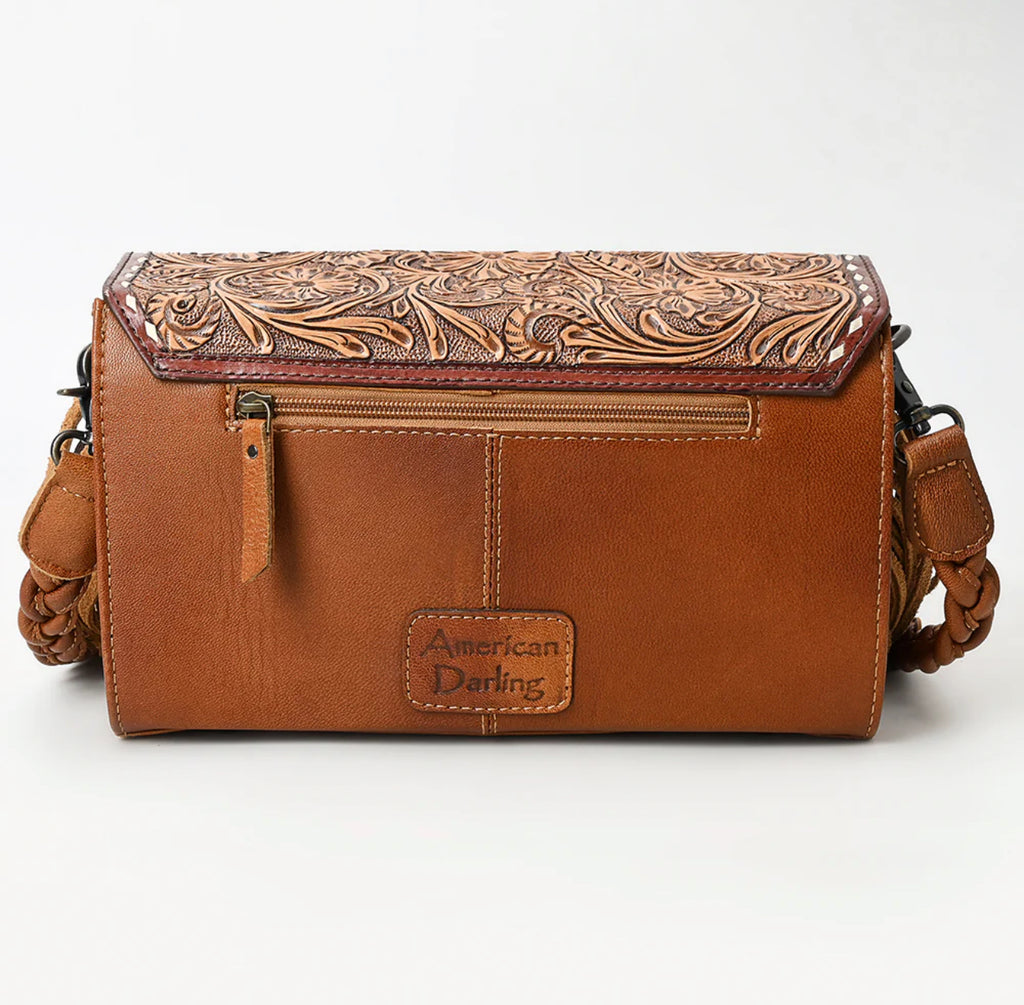 Brown Tooled Leather Cowhide Fringe Crossbody Purse