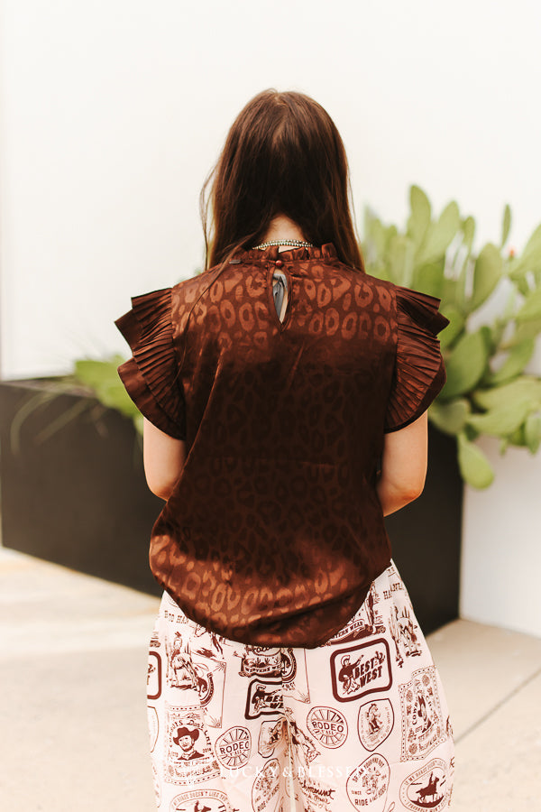 Chocolate Leopard Satin Flutter Top