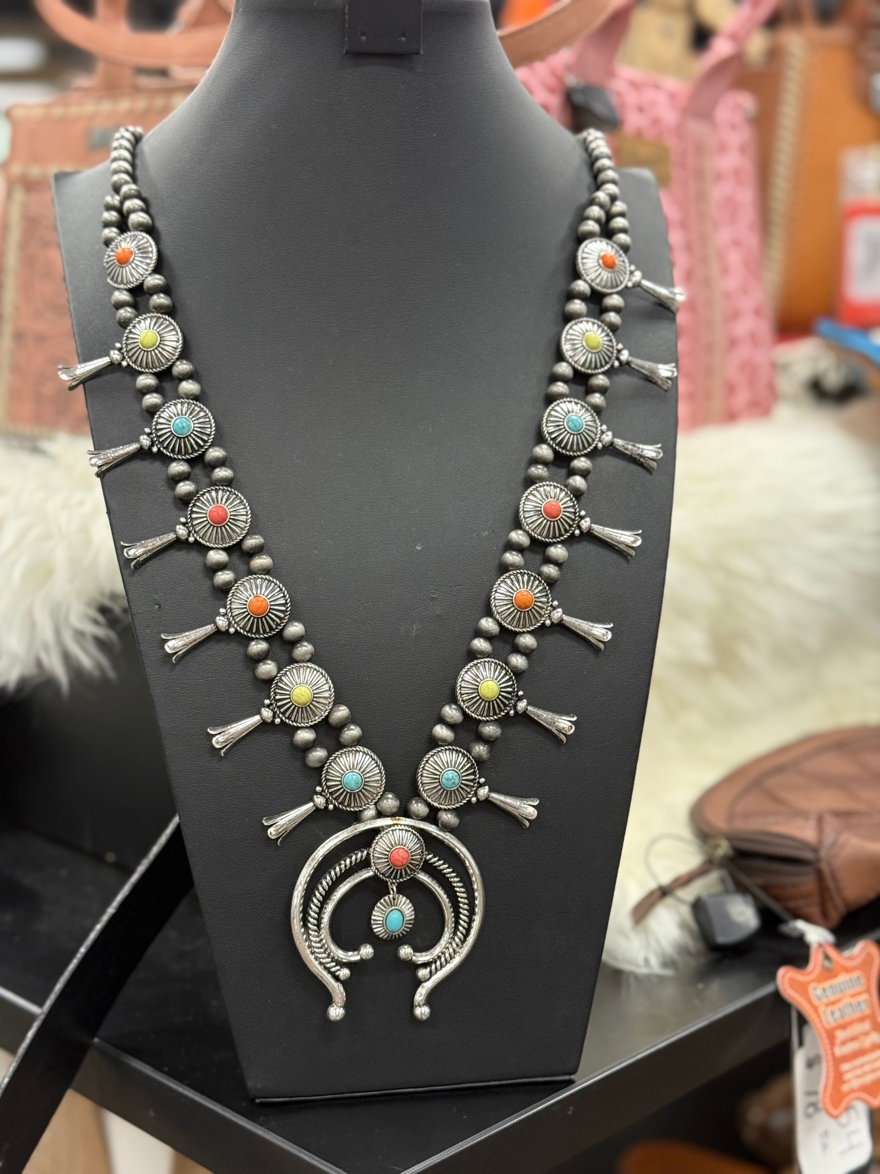 Multi Stone Concho Squash Blossom Necklace