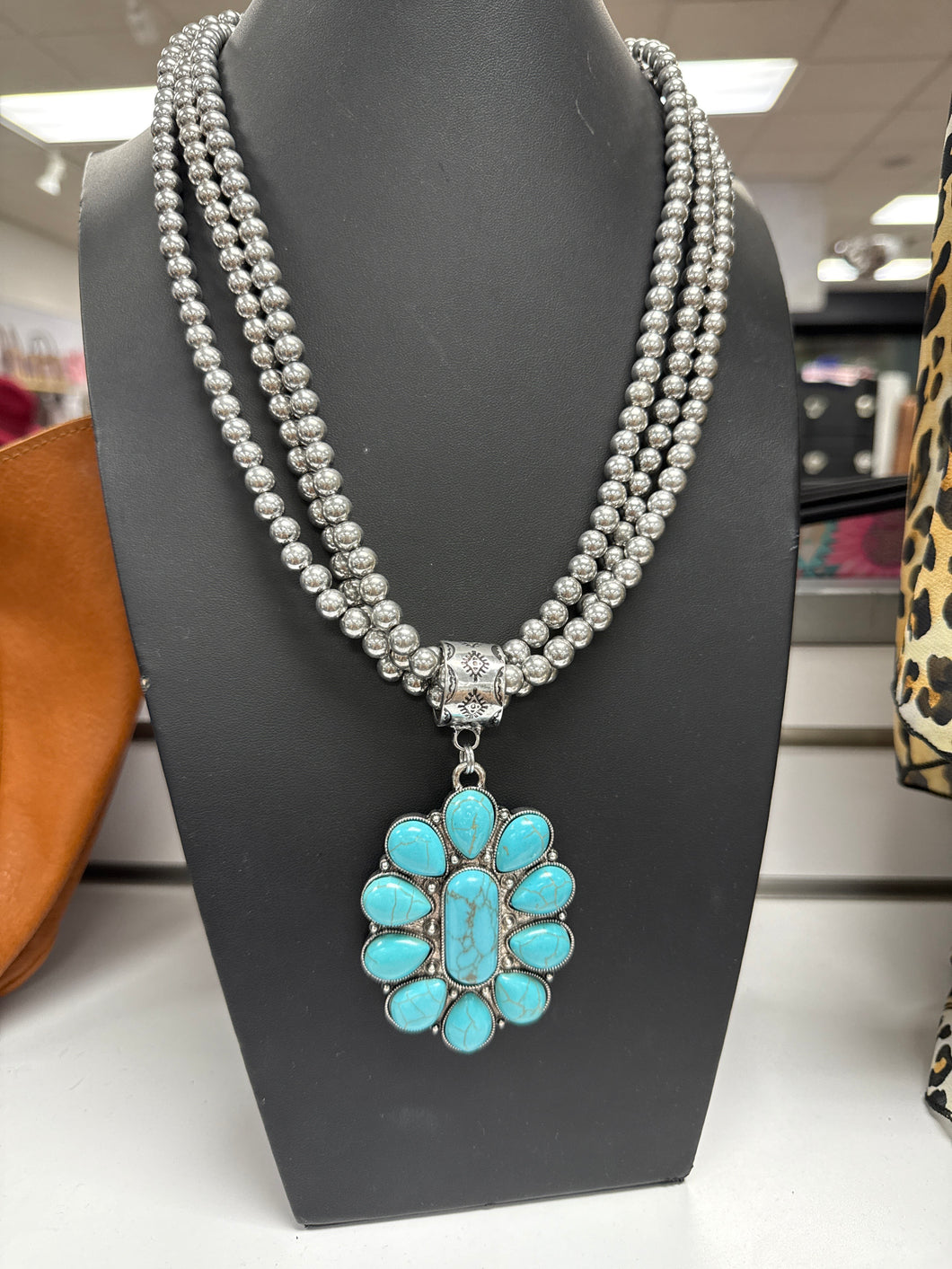 Turquoise Pendant Pearl Necklace and Earrings Set