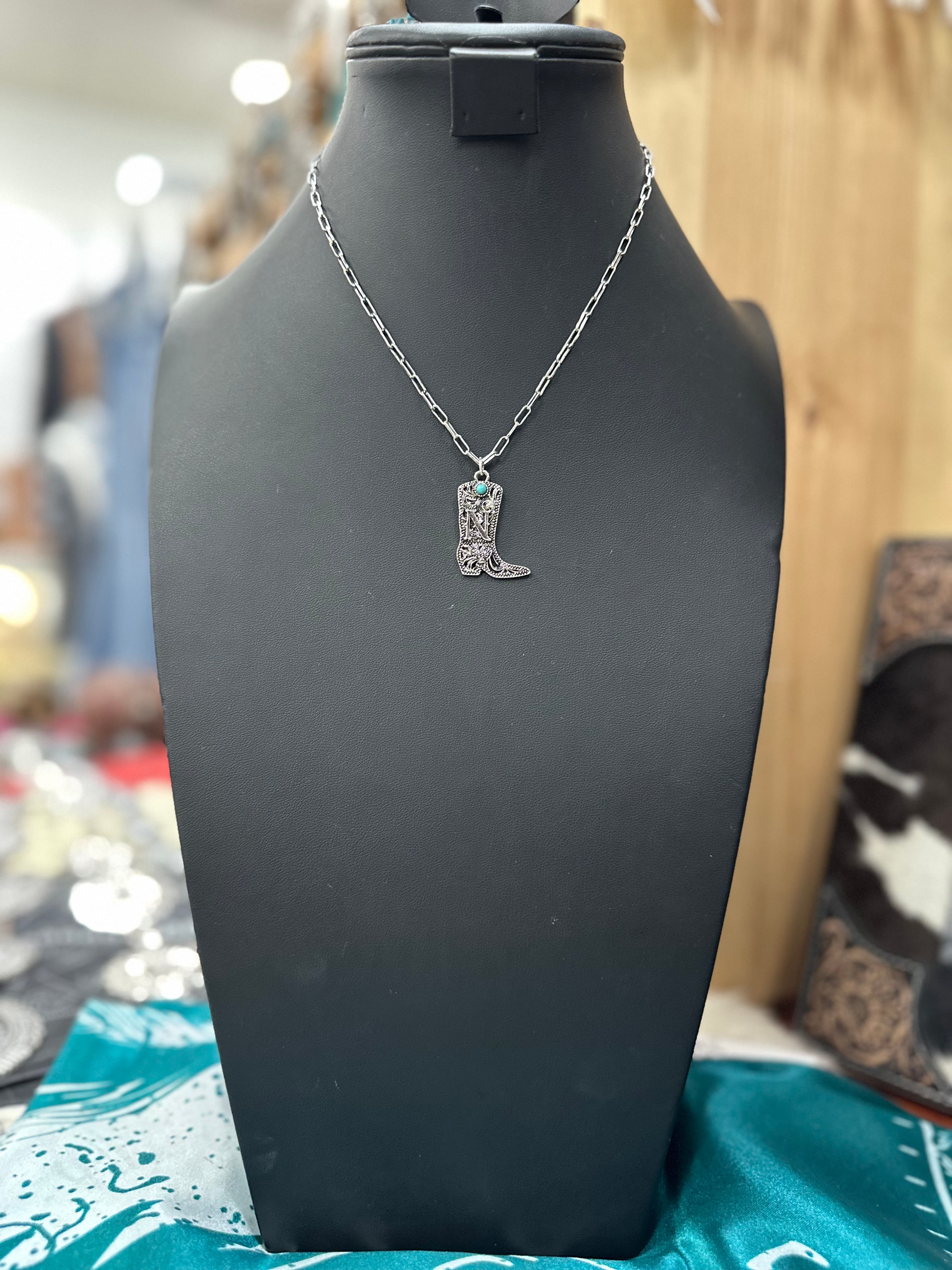 Turquoise Boot Scroll Letter Necklace