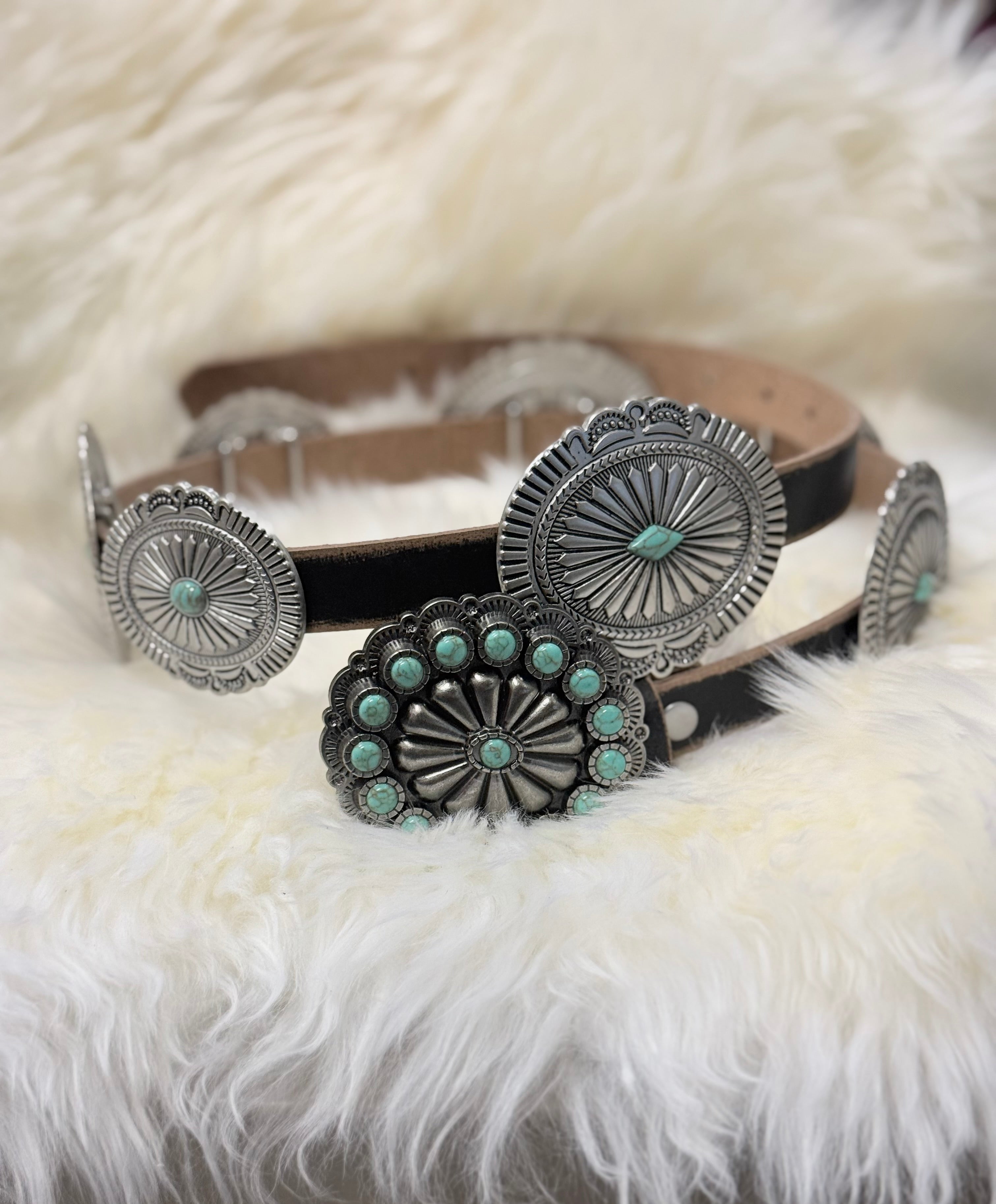 Turquoise Silver Stamped Leather Concho Belt