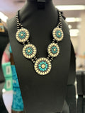 White/Turquoise Round Cluster Necklace and Earrings Set