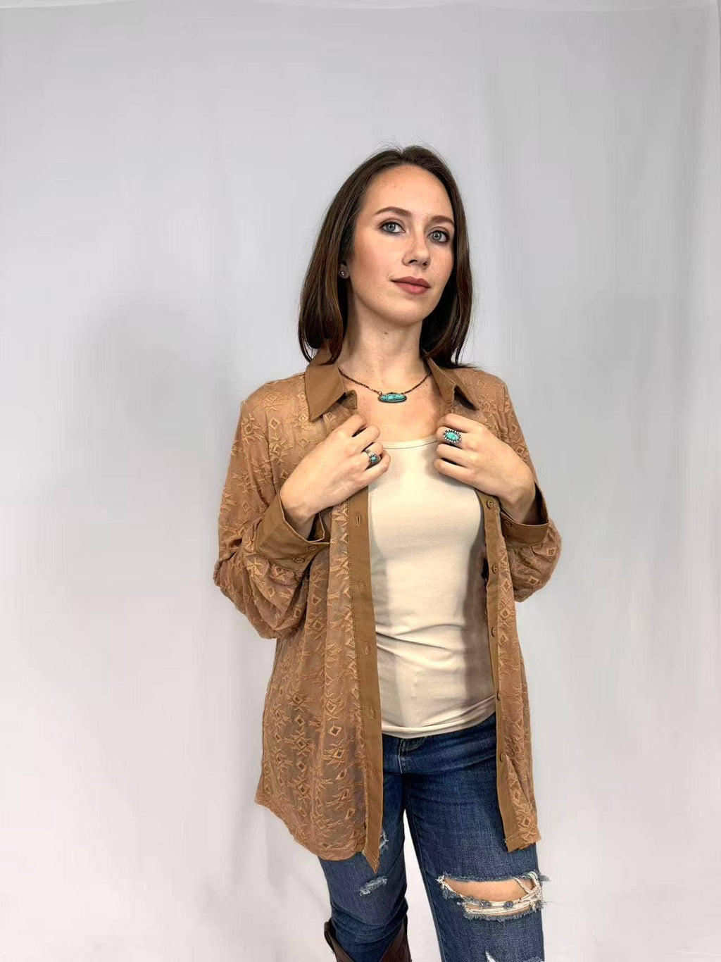 Brown Aztec Lace Button Up Top