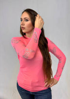 Pink Boot Rhinestone Mesh Top