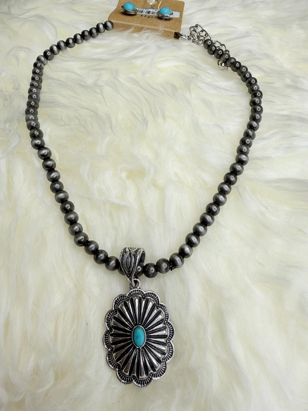 Turquoise Concho Pearl Necklace and Earrings Set