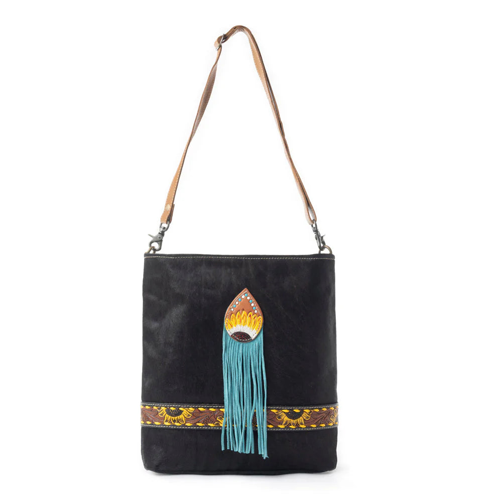 Black Cowhide Tooled Sunflower Crossbody Bag