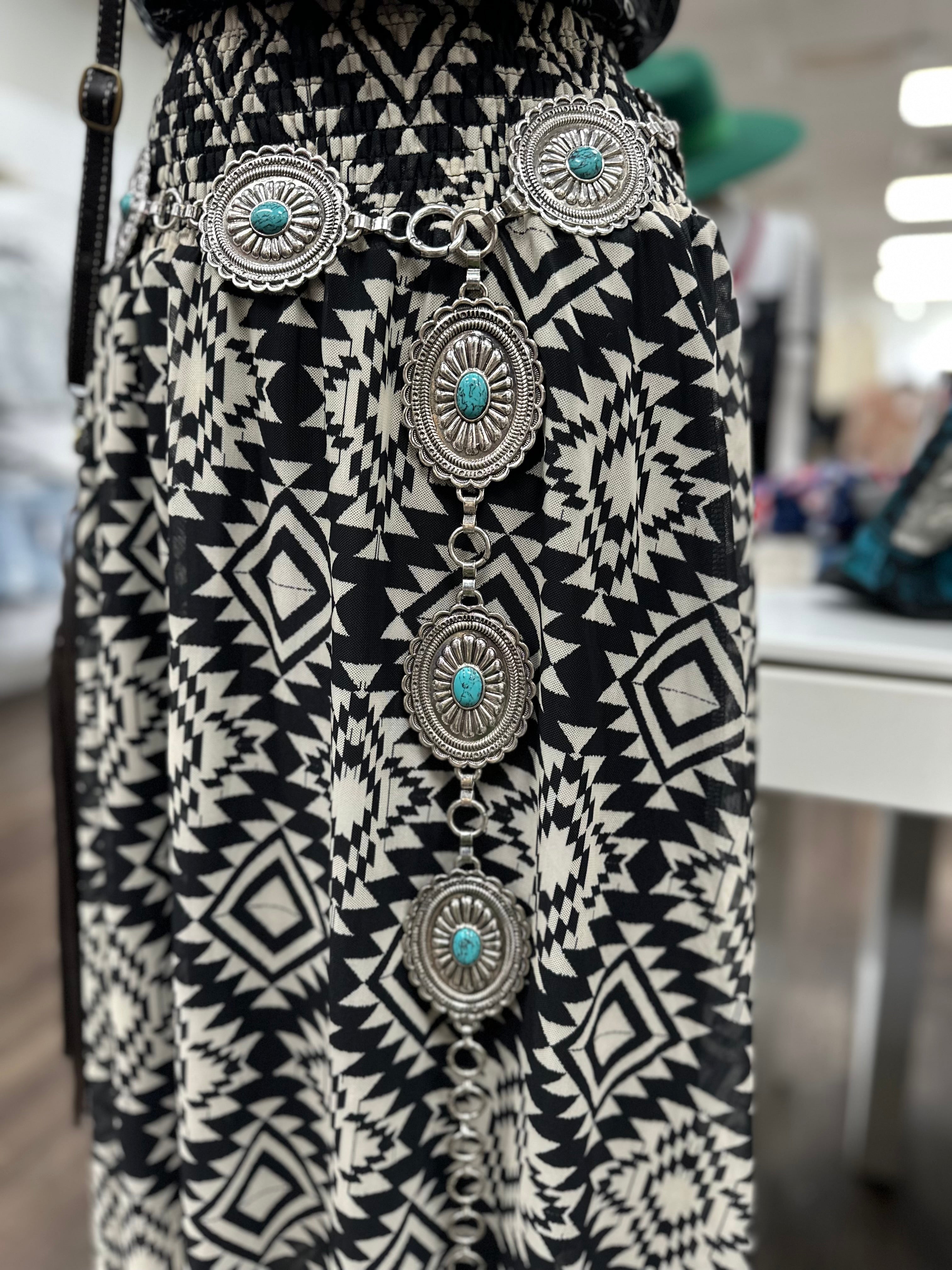 Turquoise Floral Silver Concho Belt