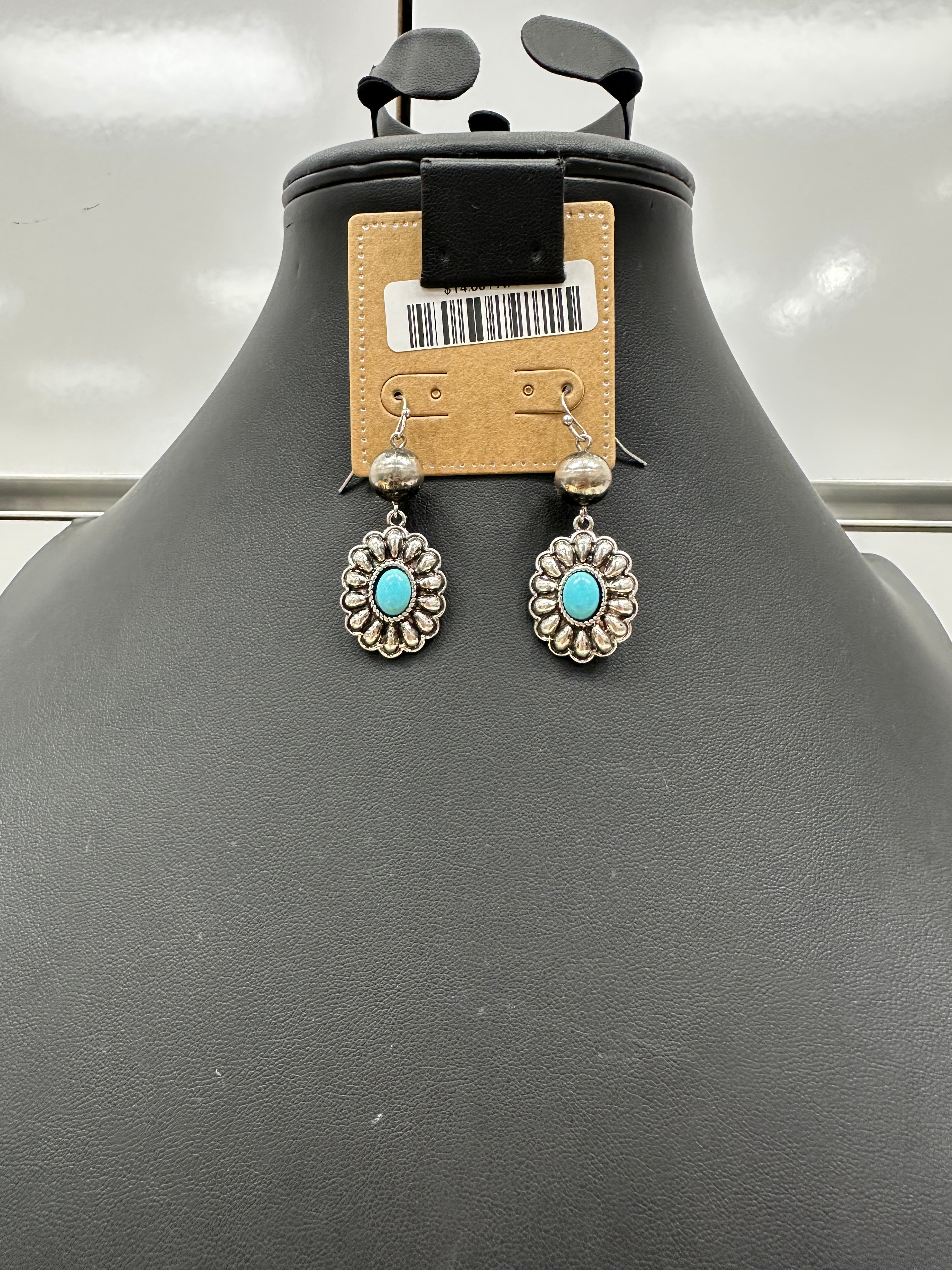 Turquoise Stamped Concho Fishhook Earrings