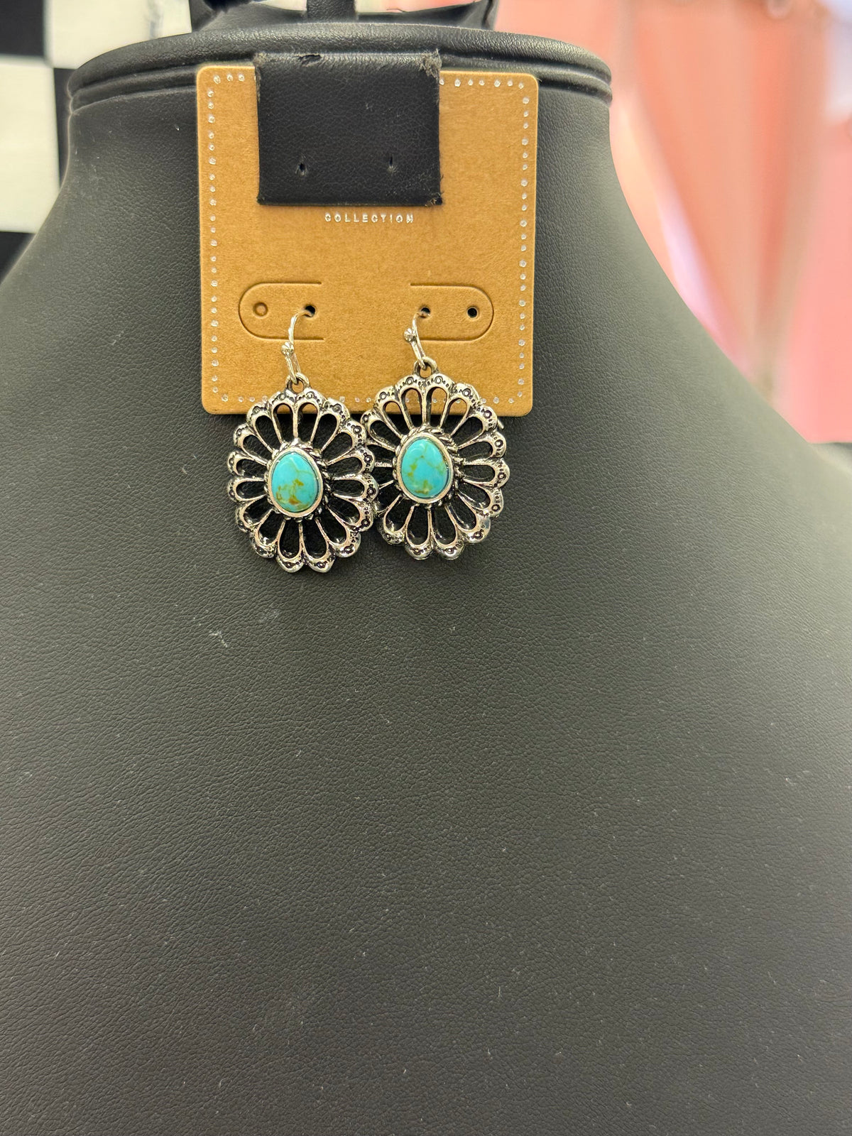 Turquoise Floral Concho Fishhook Earrings