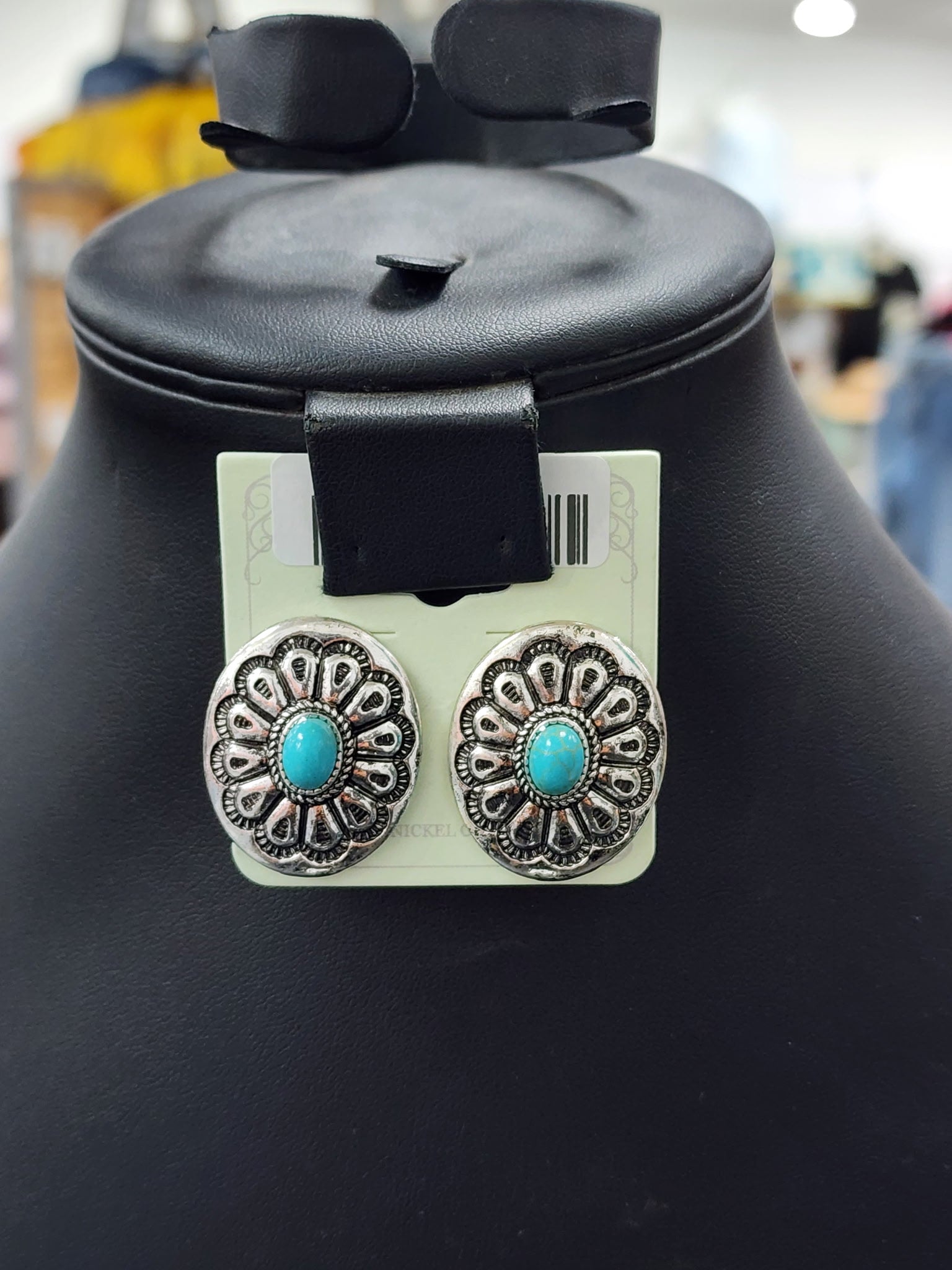 Turquoise Floral Stamped Concho Post Earrings