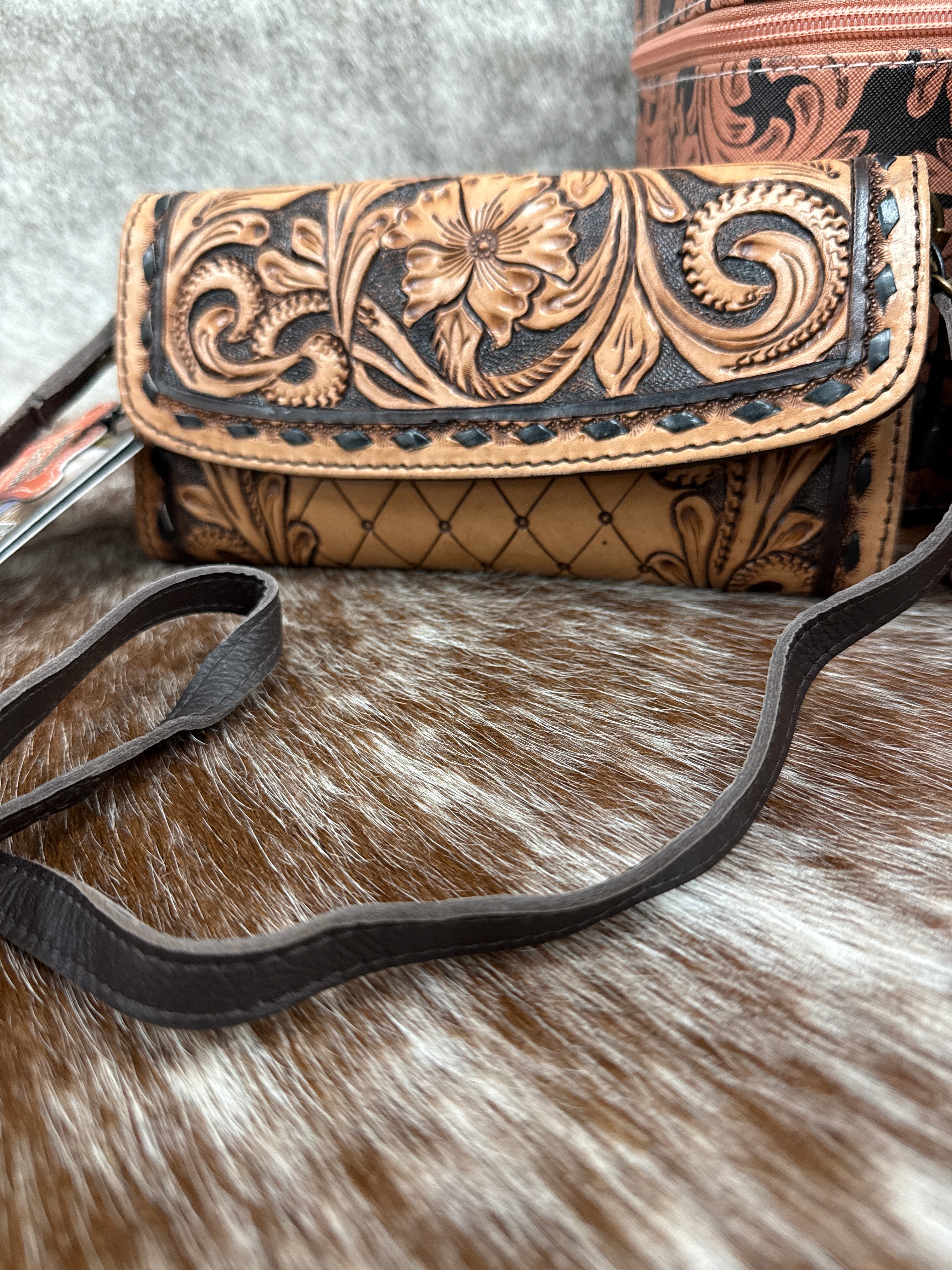 Tooled Leather Wallet Crossbody Purse