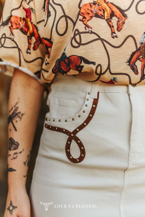 Ivory Stretch Denim Boot-Stitch Skirt