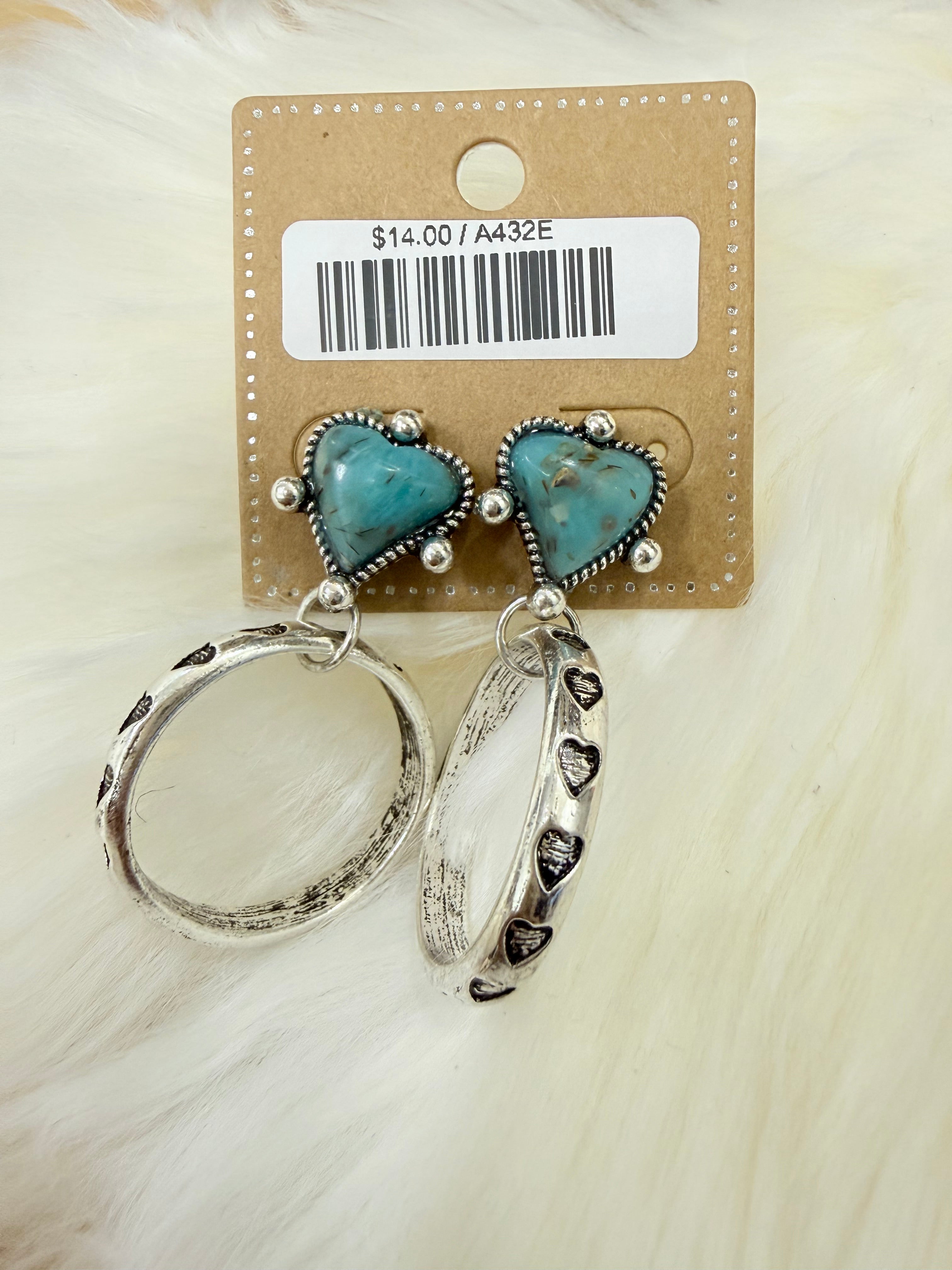 Turquoise Heart Stamped Hoop Post Earrings