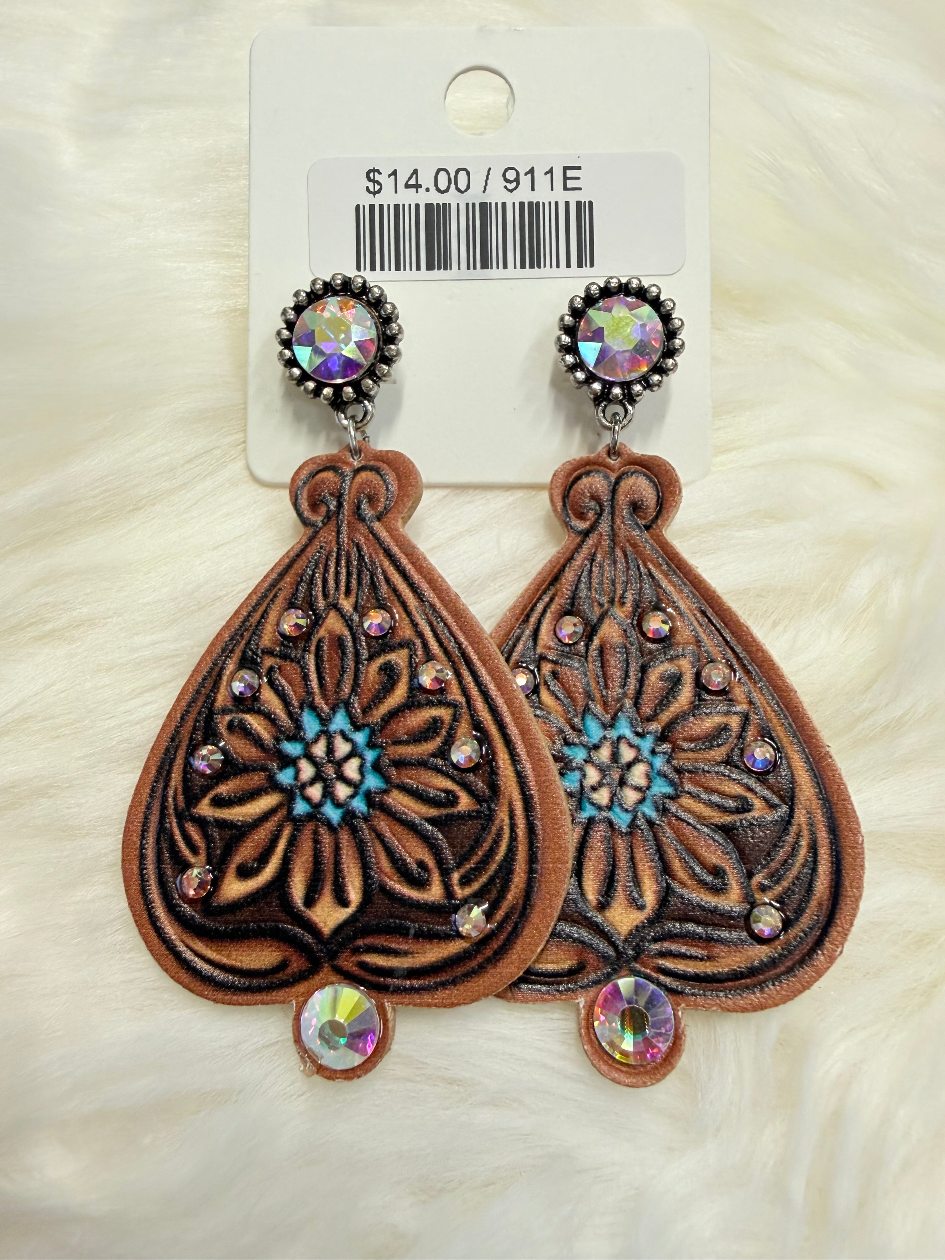 Crystal Post Embossed Leather Post Earrings