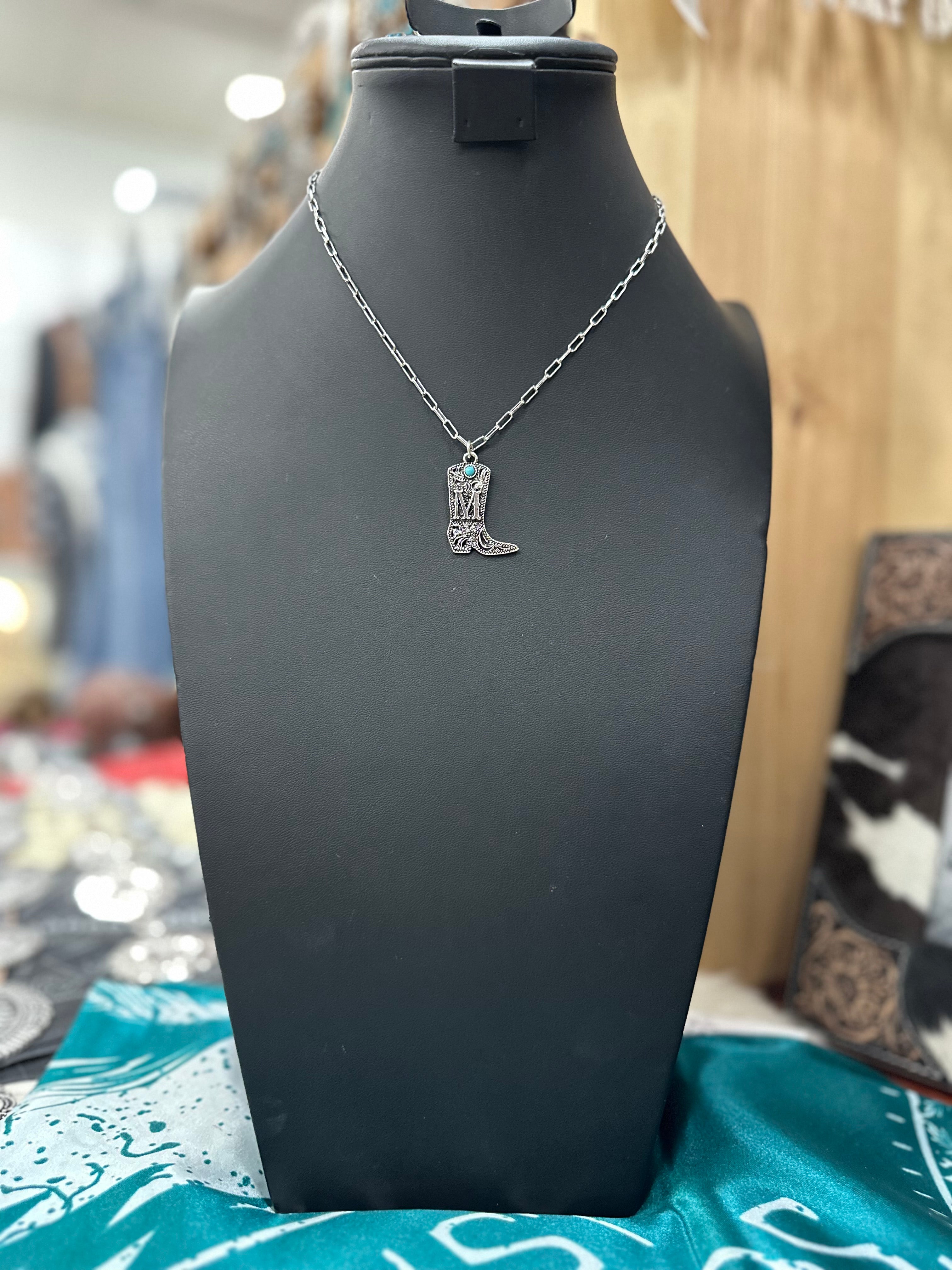 Turquoise Boot Scroll Letter Necklace