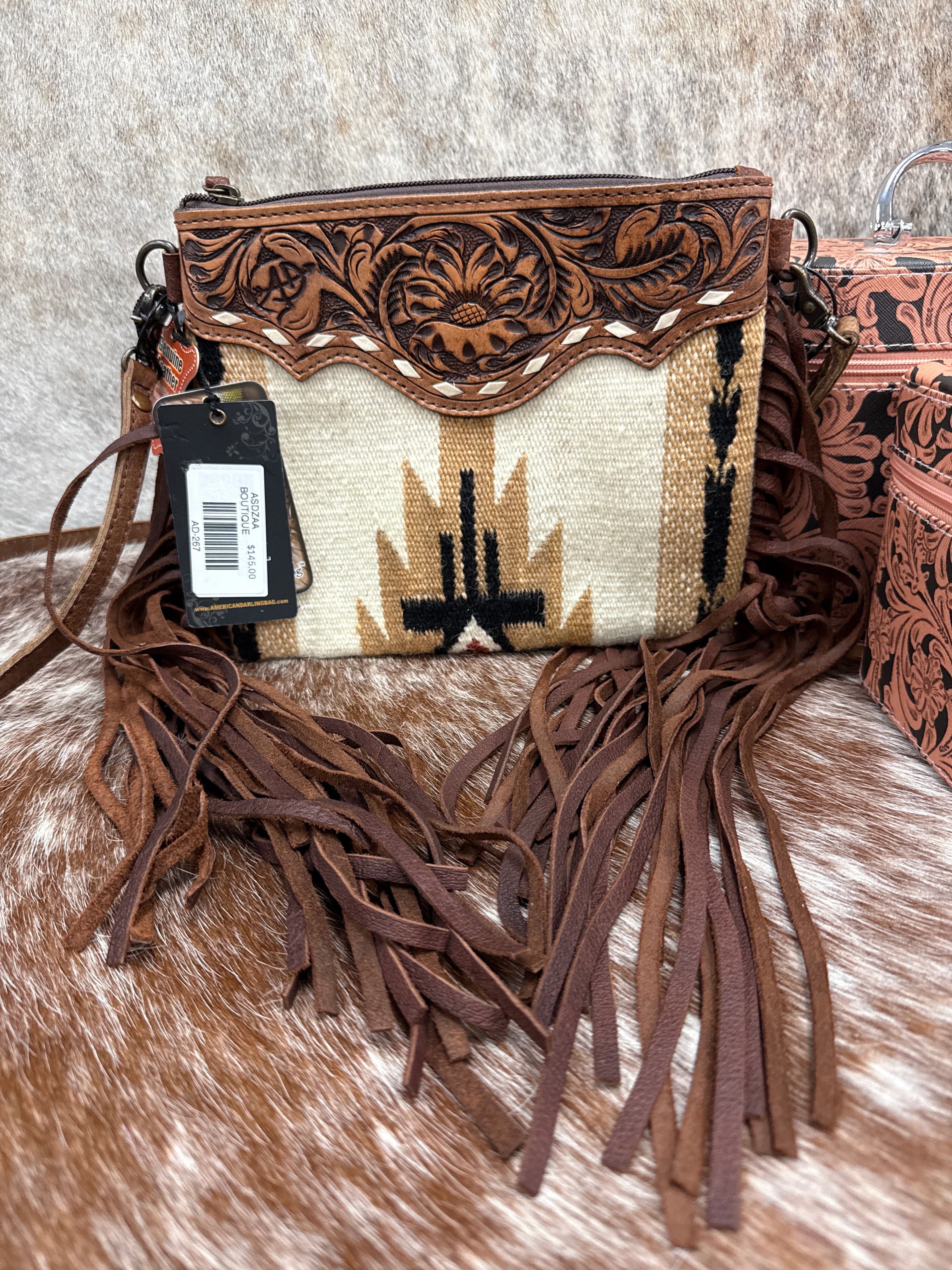 Hand Tooled Leather Woven Fringe Crossbody