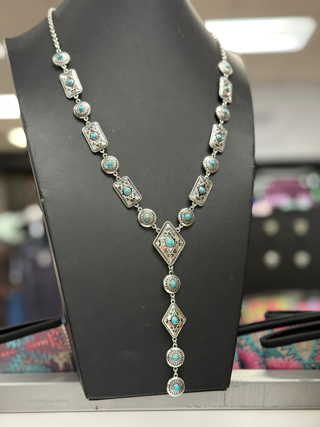 Turquoise Floral Concho Y Necklace and Earrings Set
